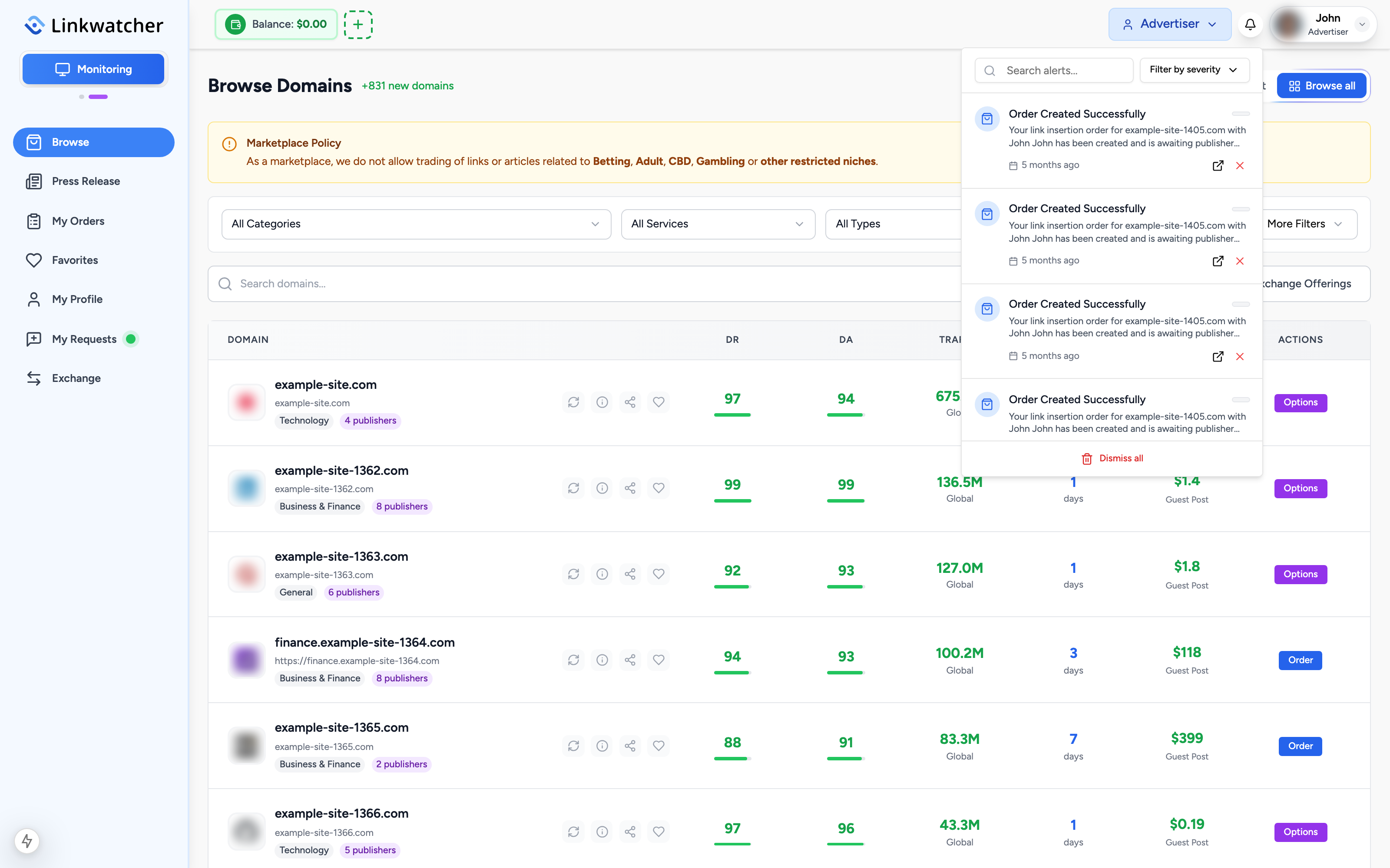 Bell dropdown in Marketplace mode showing order notifications with order numbers and amounts
