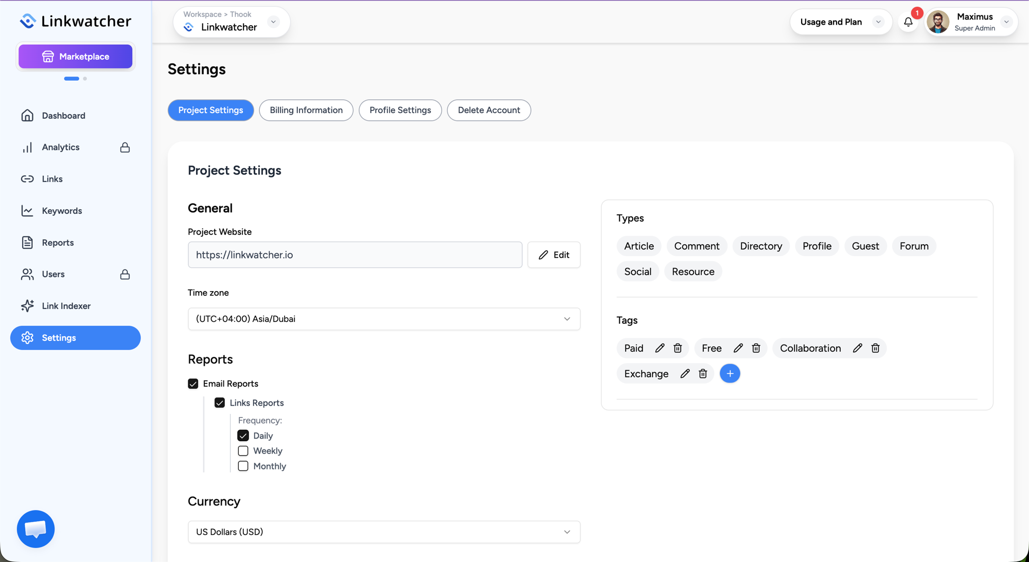 Project Settings Reports section with Email Reports enabled and the frequency checkboxes visible