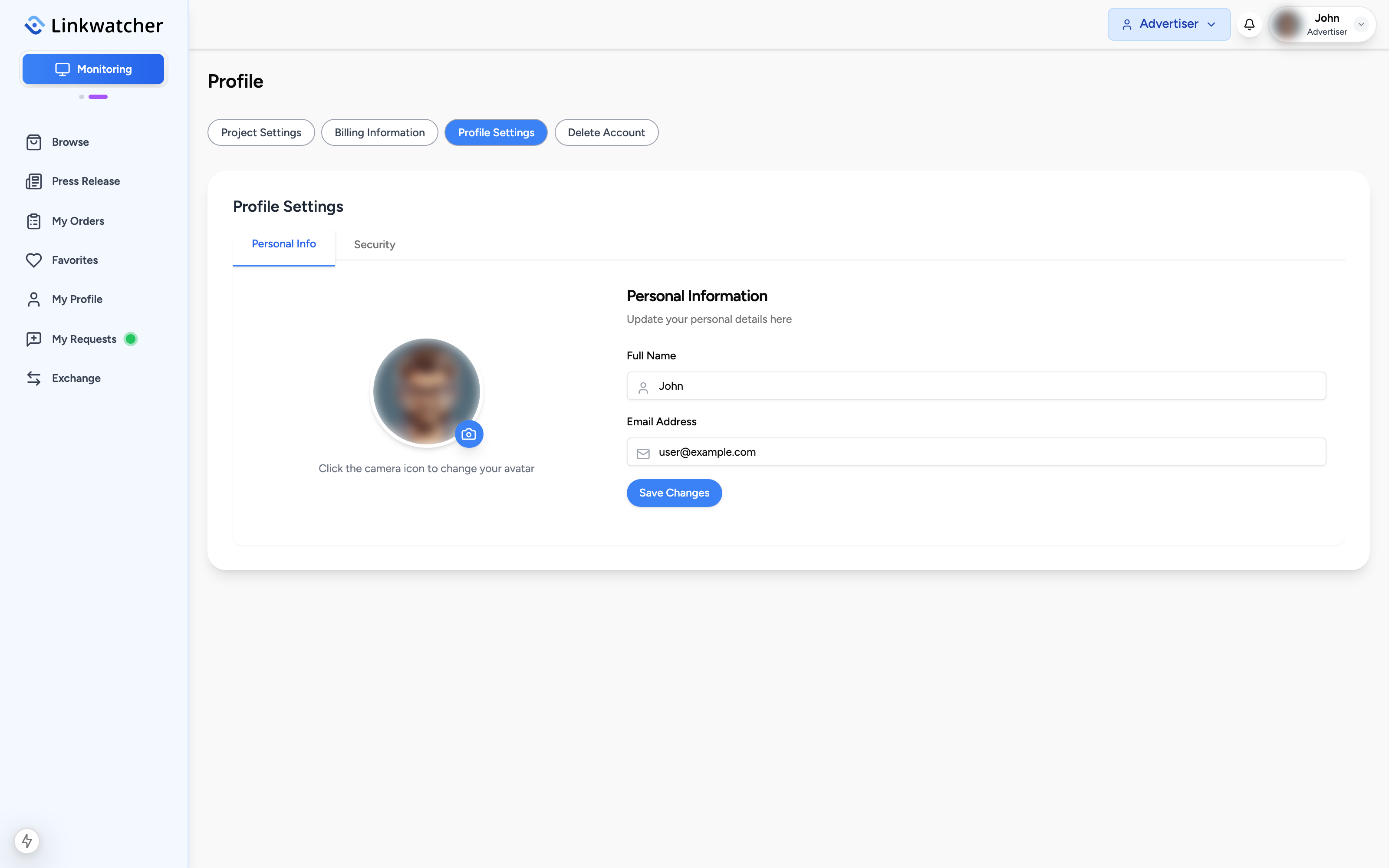 Profile Settings page on the Personal Info tab with the avatar, full name, and email fields