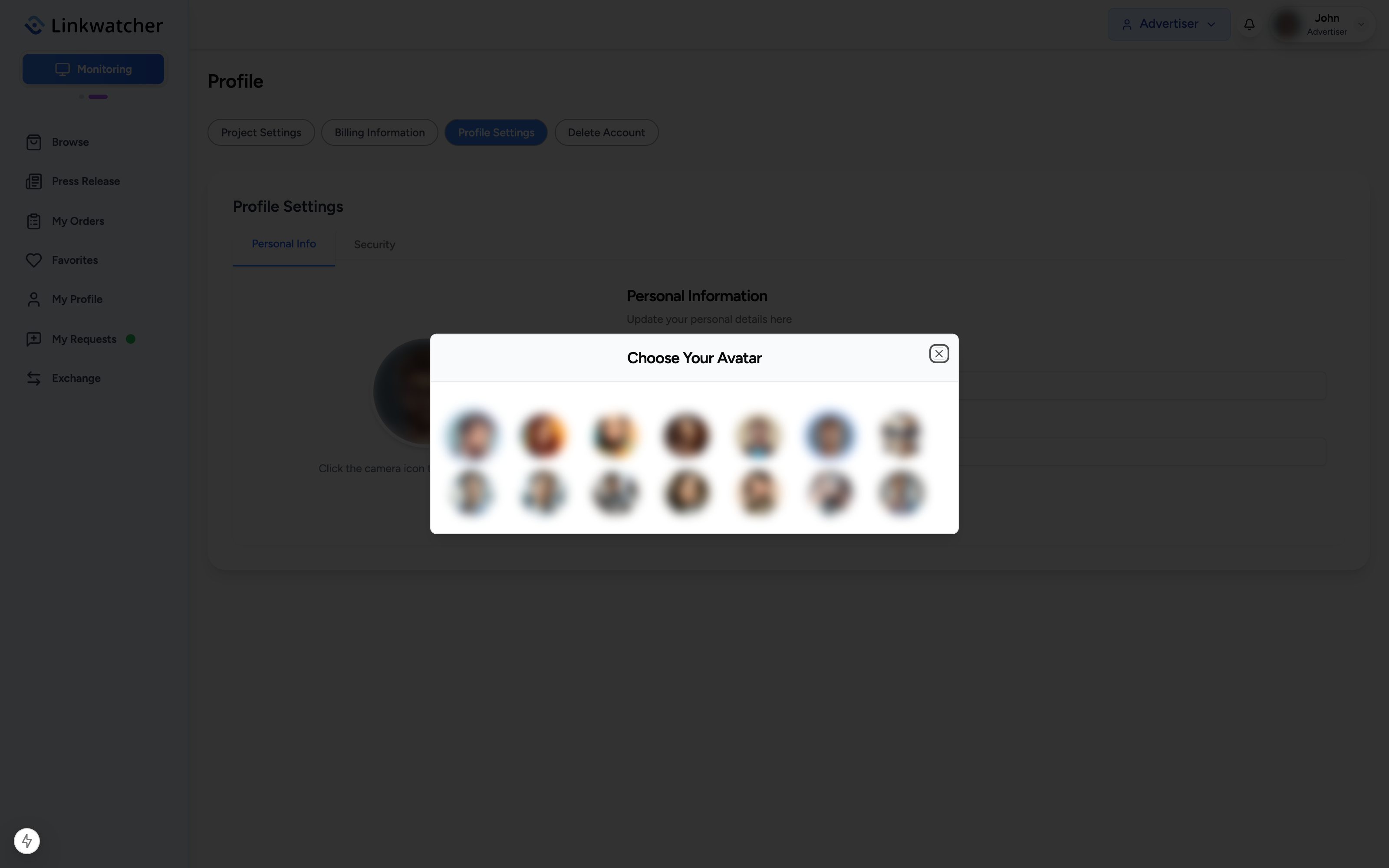 Choose Your Avatar dialog showing the grid of selectable avatars