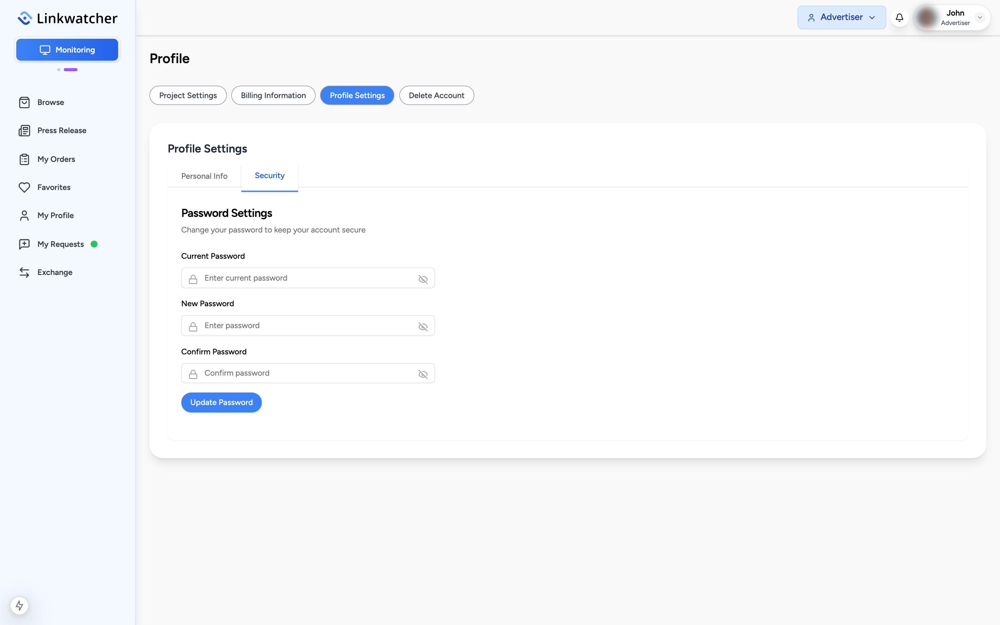 Profile Settings Security tab with the current, new, and confirm password fields