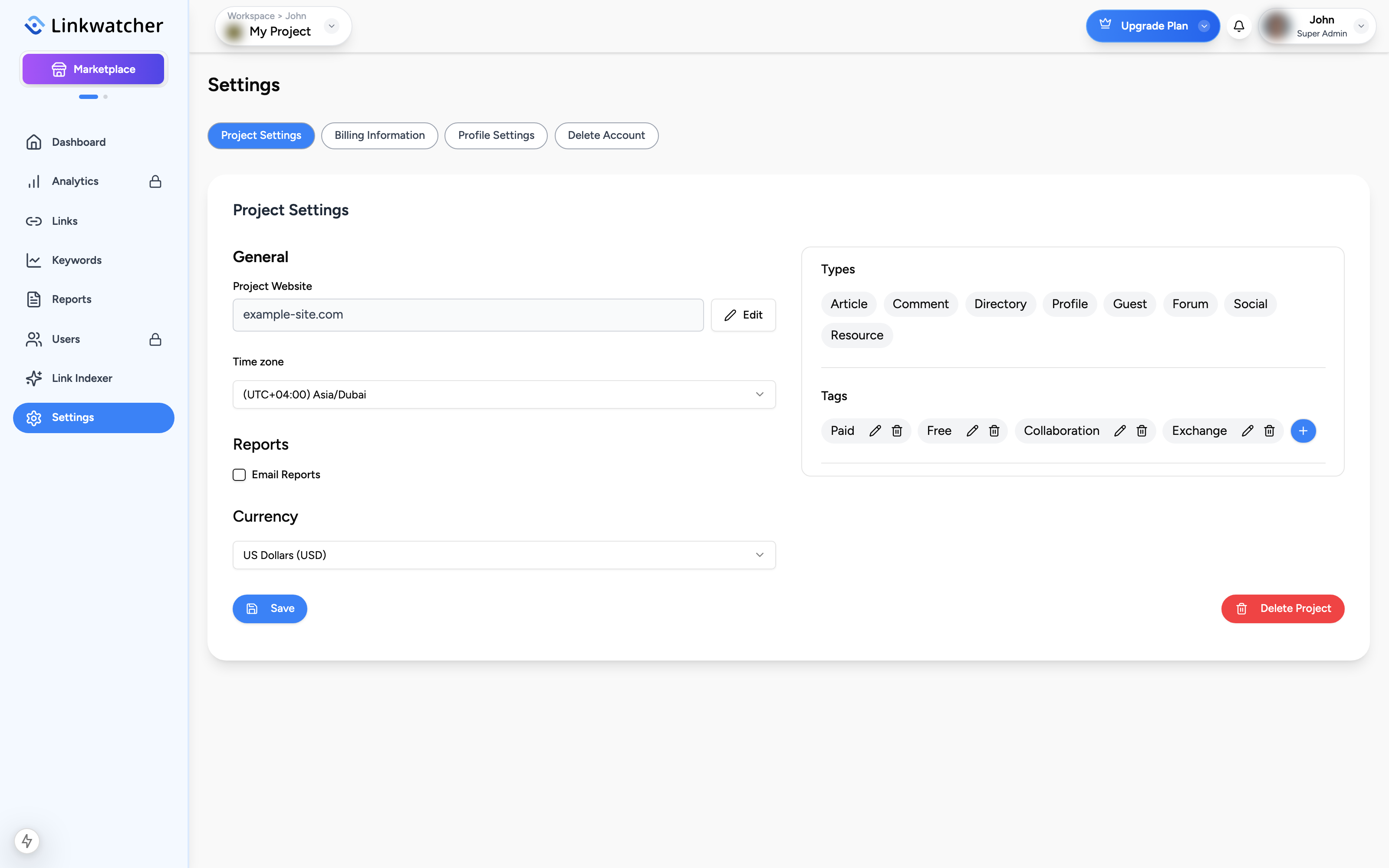 Project Settings page showing the website field, time zone selector, and the Types and Tags panels
