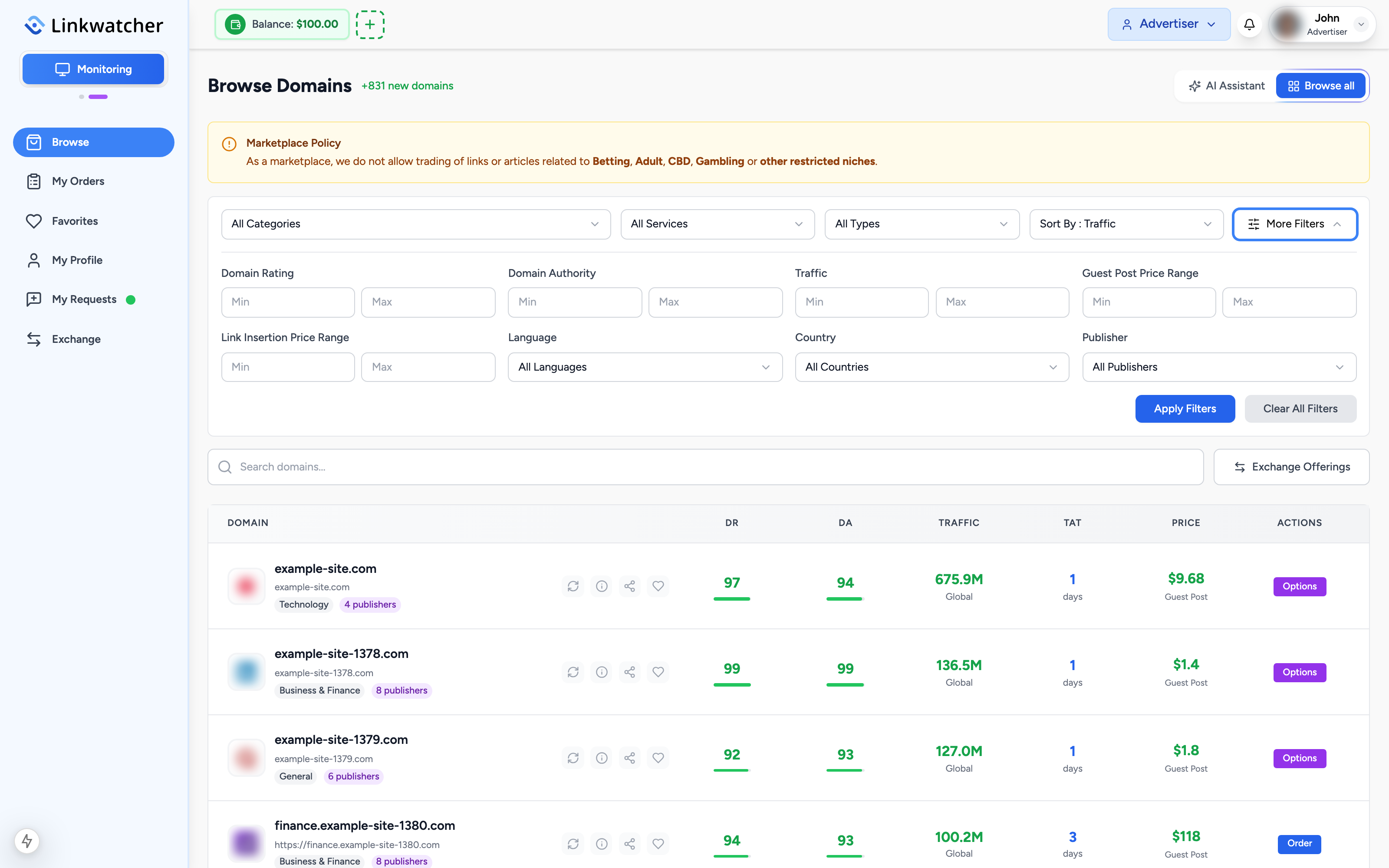 More Filters panel expanded showing DR, DA, traffic, price ranges, language, country, and publisher filters