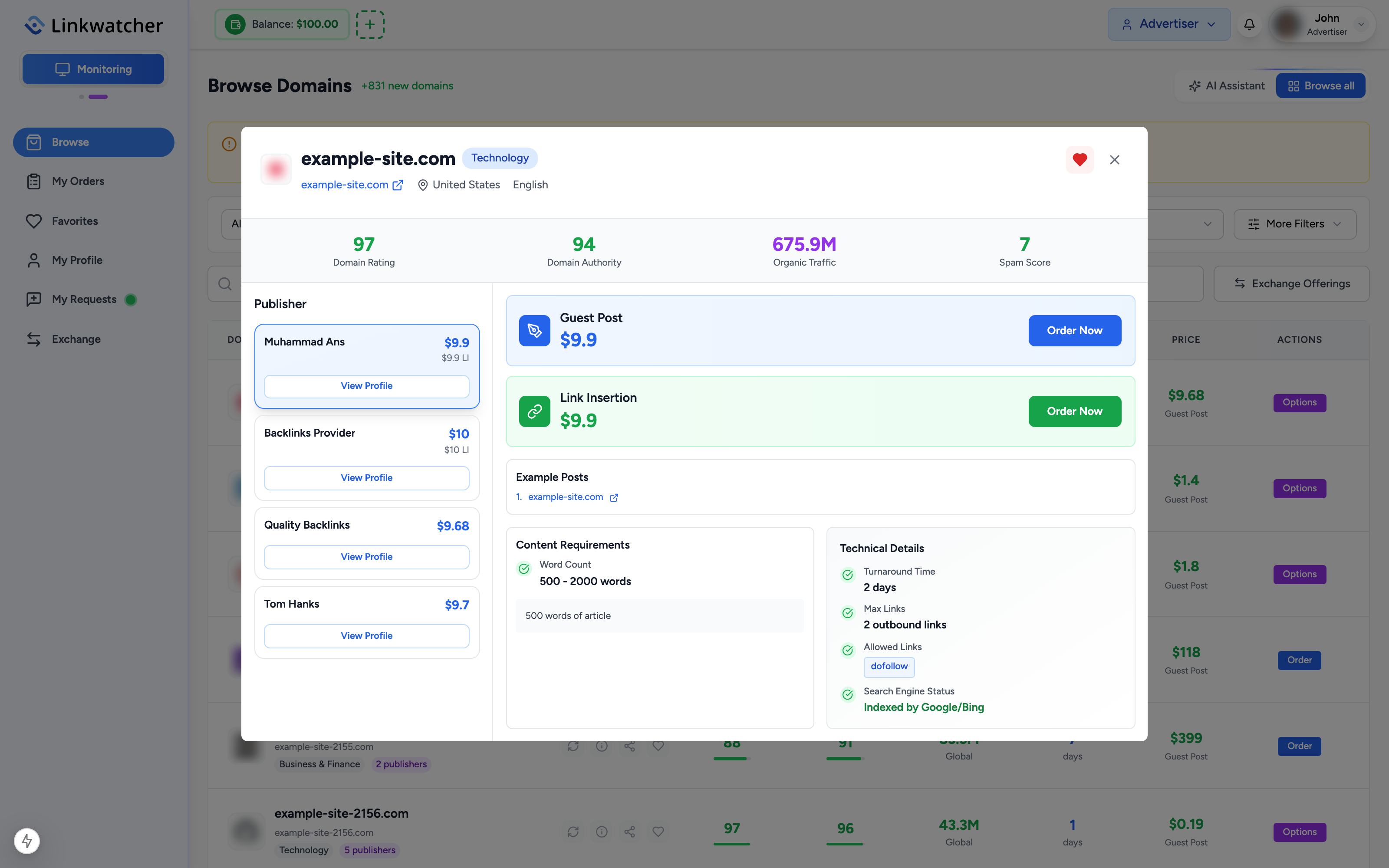 Domain details view showing spam score, metrics, and service pricing