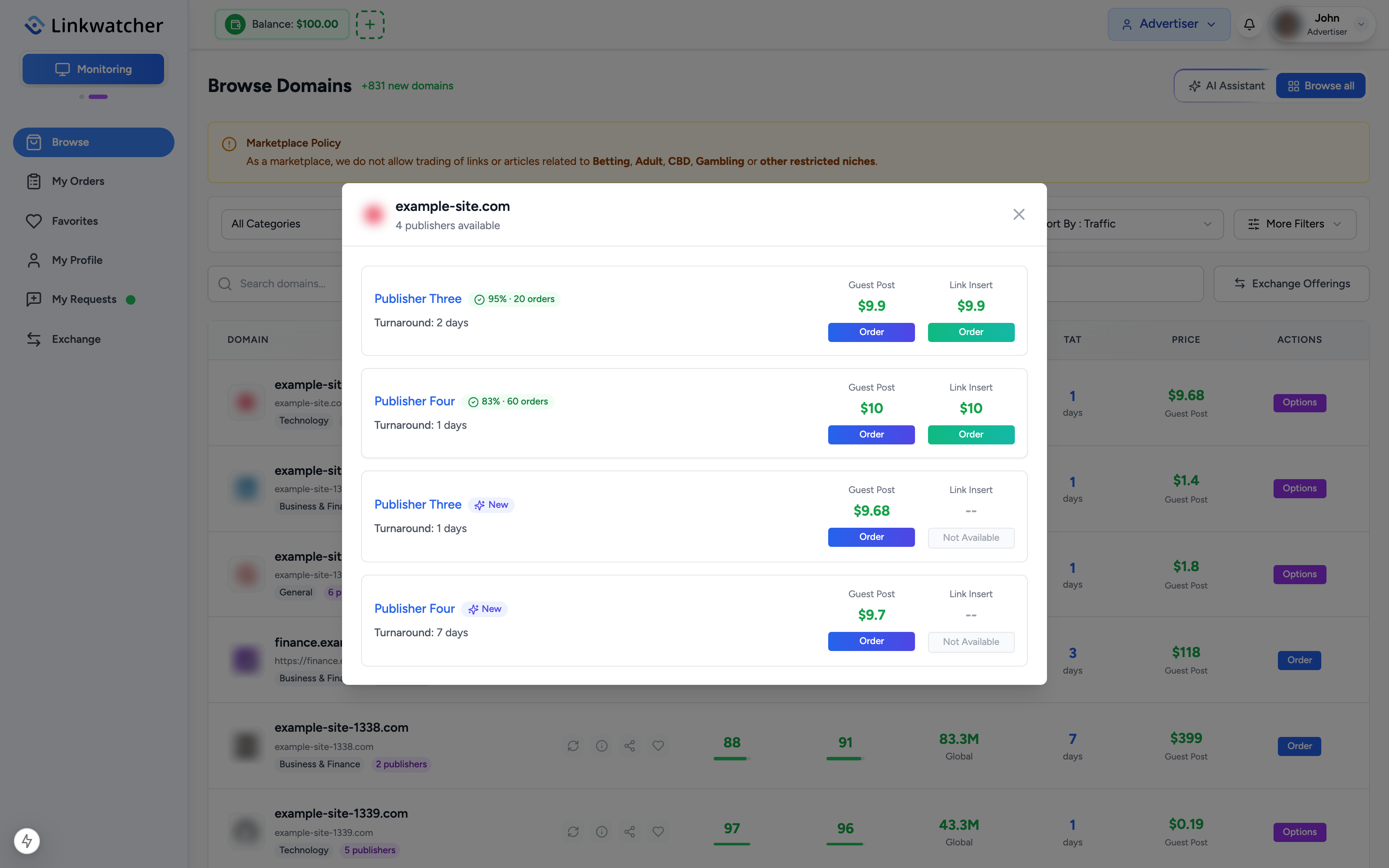 Publisher list for one domain showing prices, turnaround times, completion-rate badges, and Order Now buttons