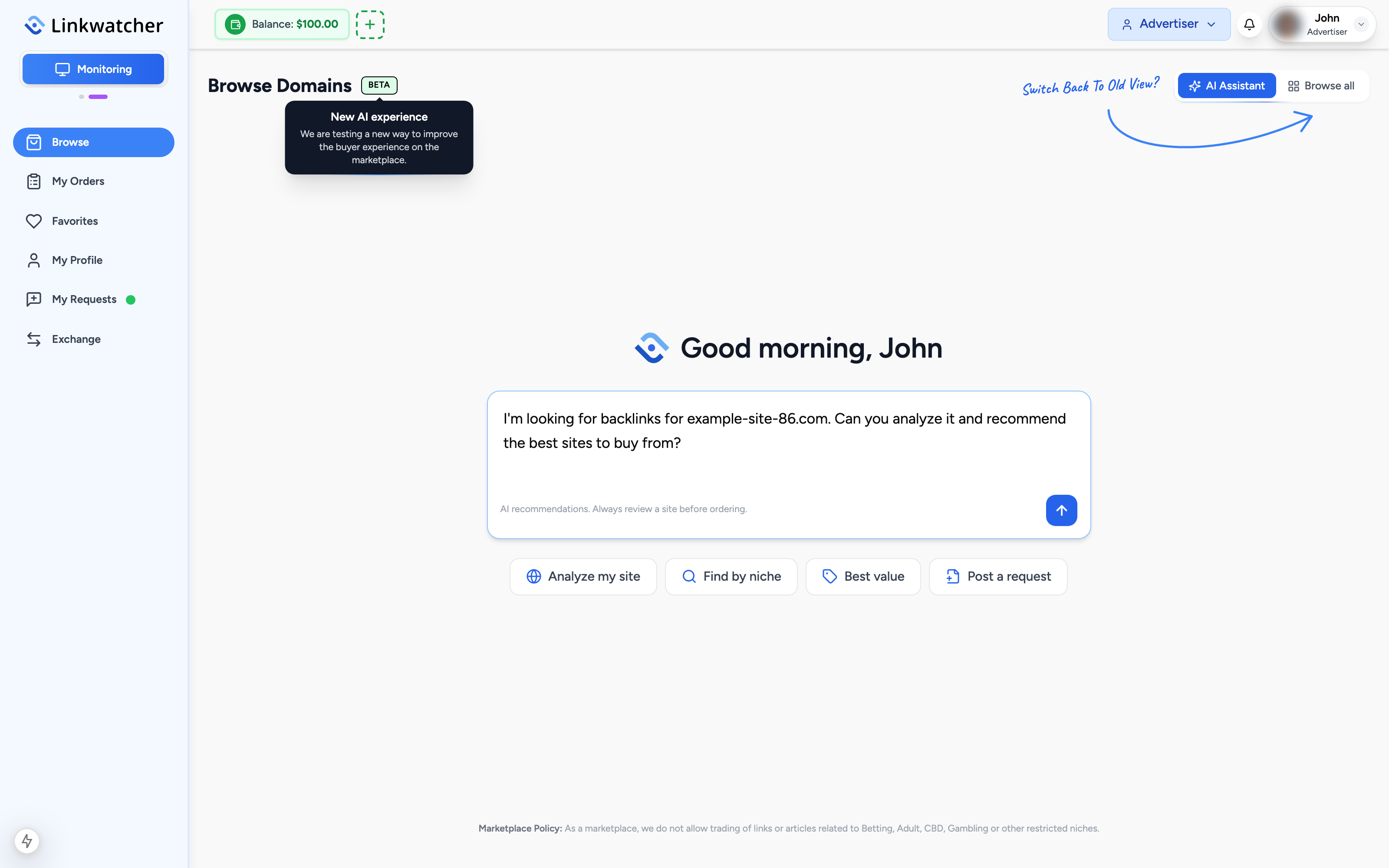 The AI Assistant view shown when entering the marketplace, with the prompt box and quick action buttons