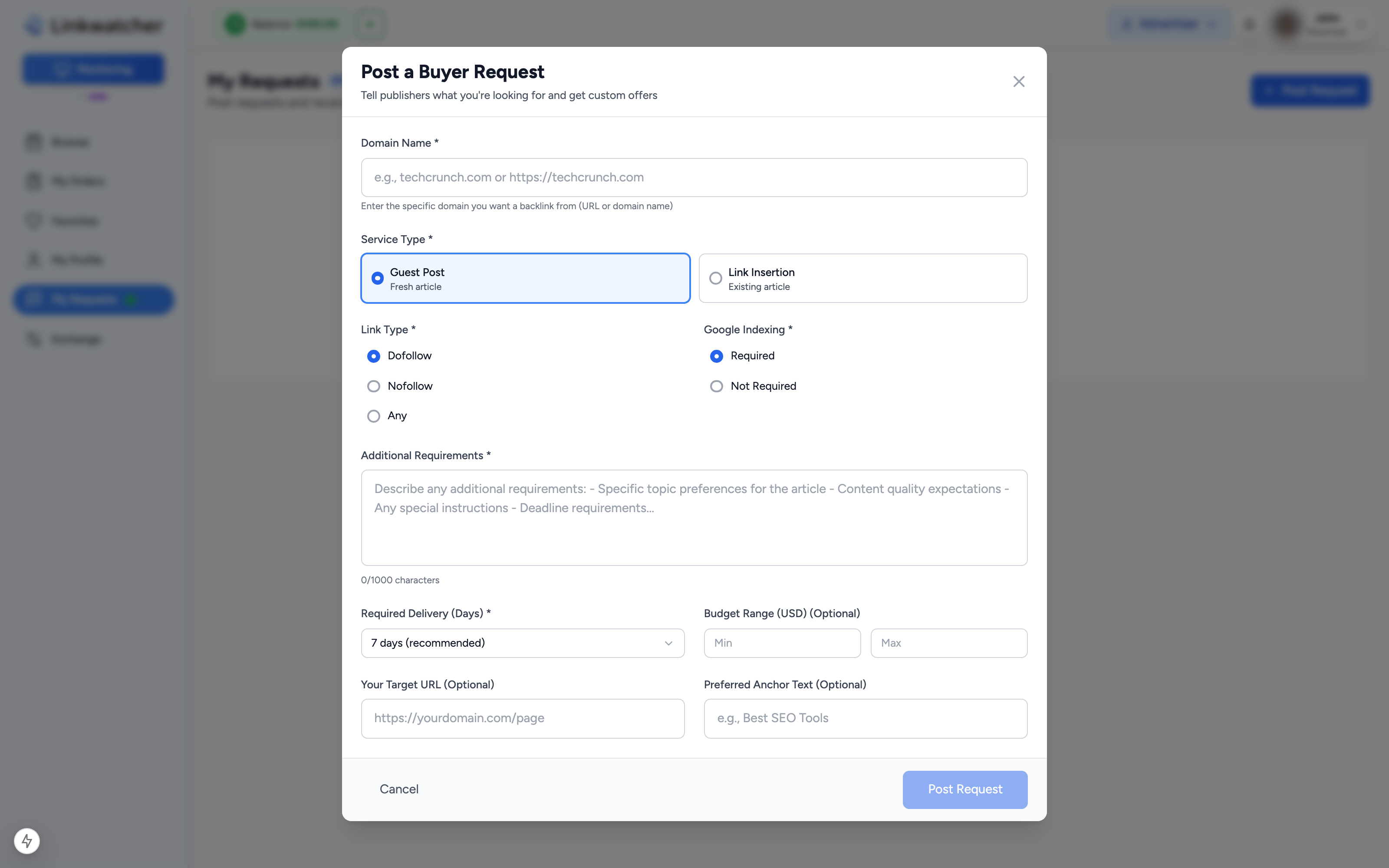 Create request form with domain, service type, link type, indexing, delivery days, and budget fields