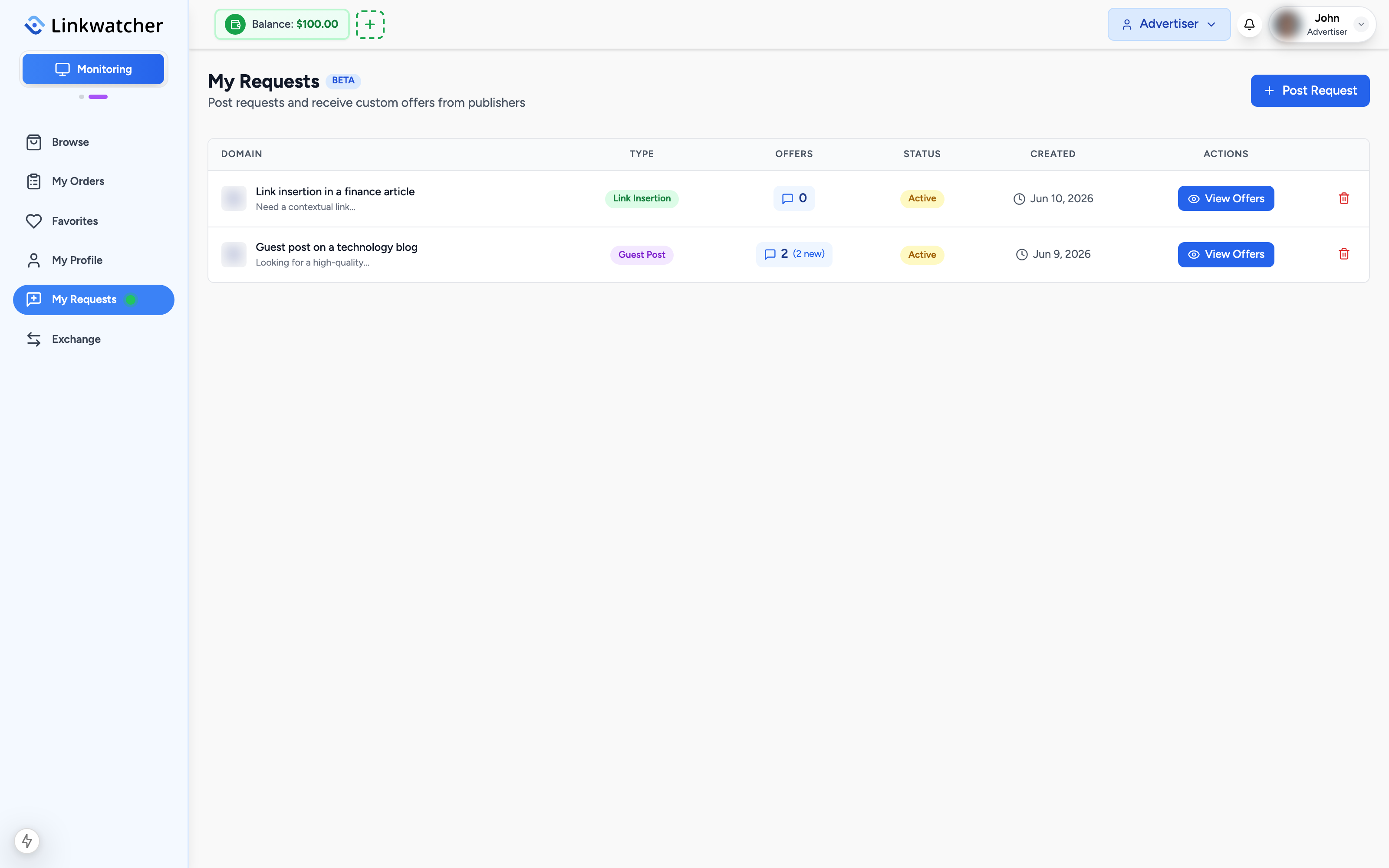 My Requests page showing requests with offer counts