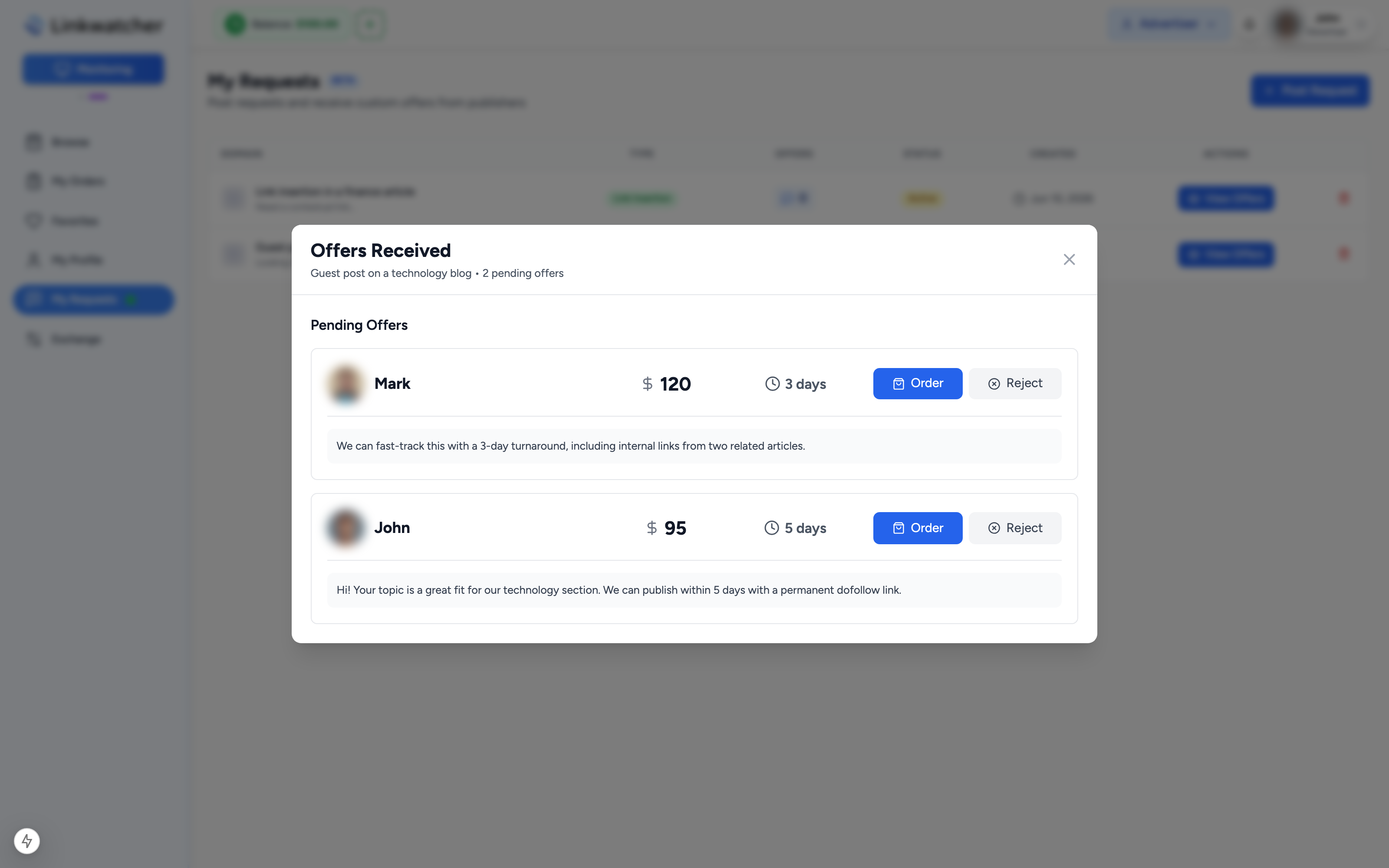 Offers list on a request showing prices, delivery times, and publisher details