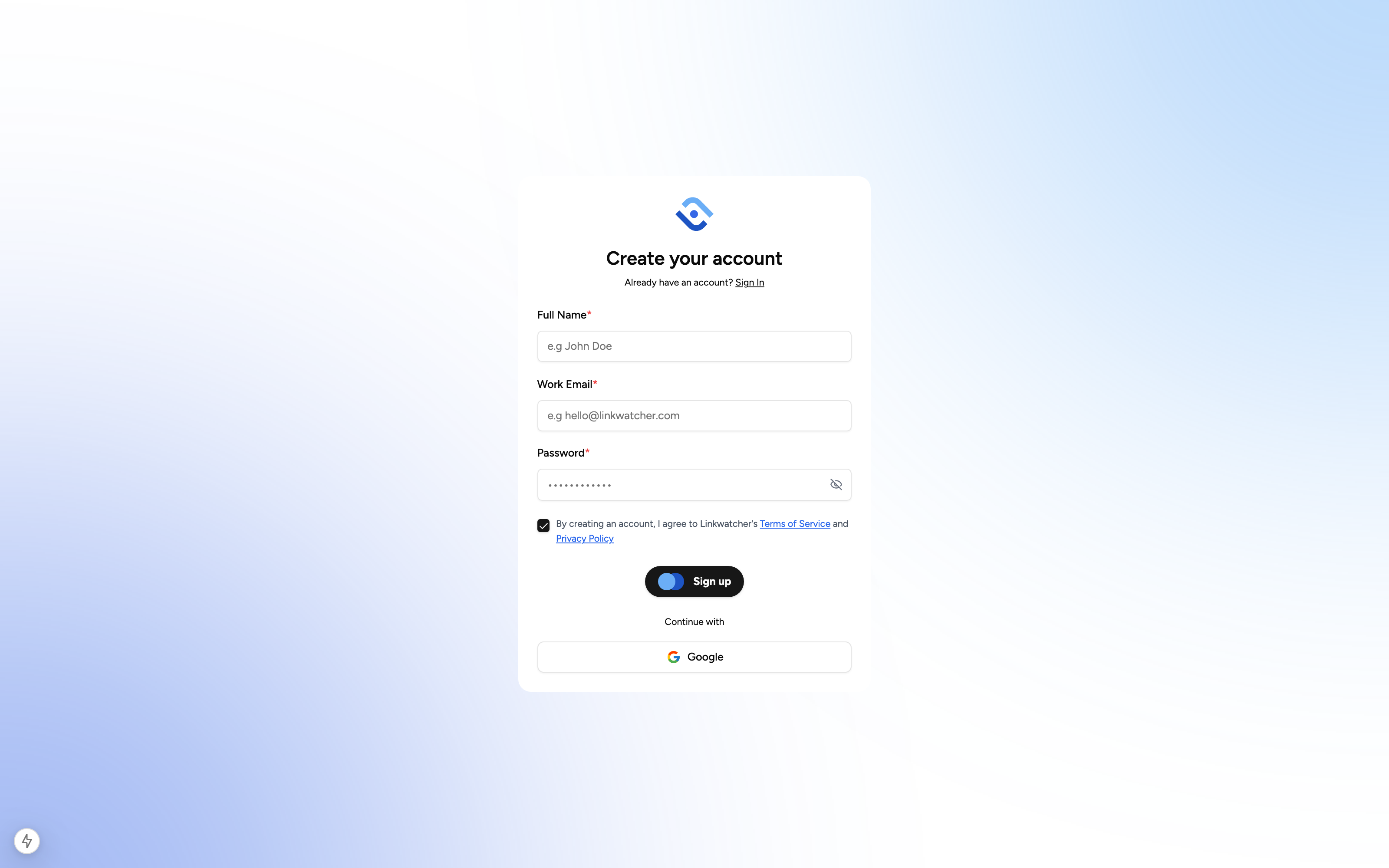 Signup page with email and password fields and the Google sign-in option