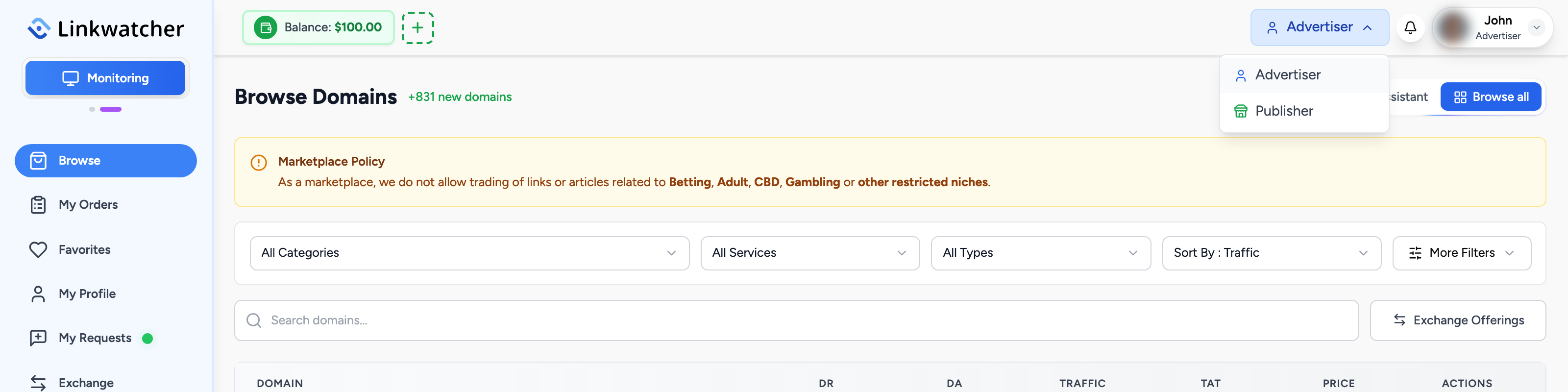 Marketplace header with the role switcher open showing Advertiser and Publisher options