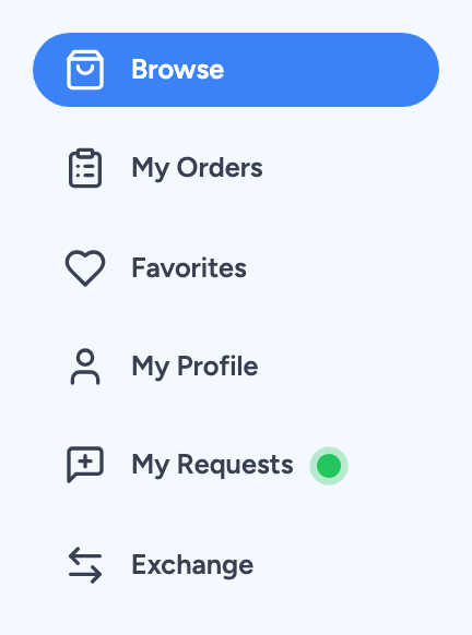 Advertiser sidebar showing Browse, My Orders, Favorites, My Profile, My Requests, and Exchange