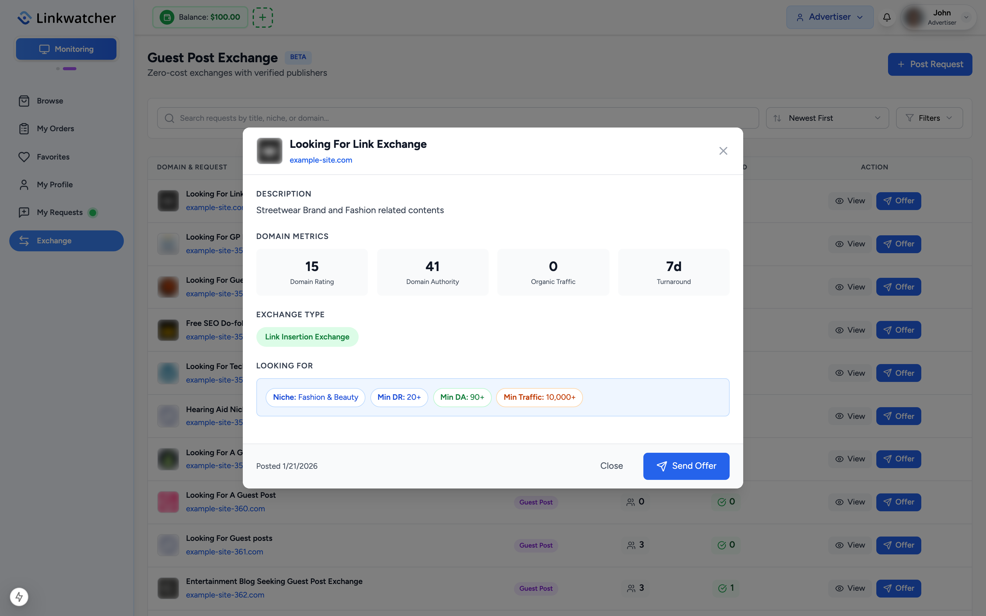 Exchange request details showing domain metrics and requirements
