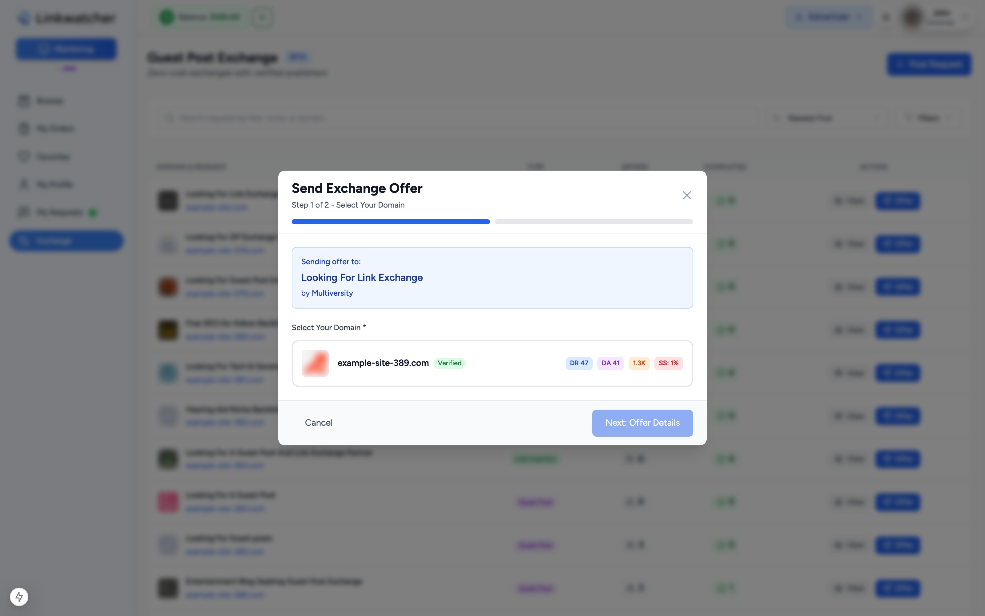 Send offer dialog with the verified owner domain selection