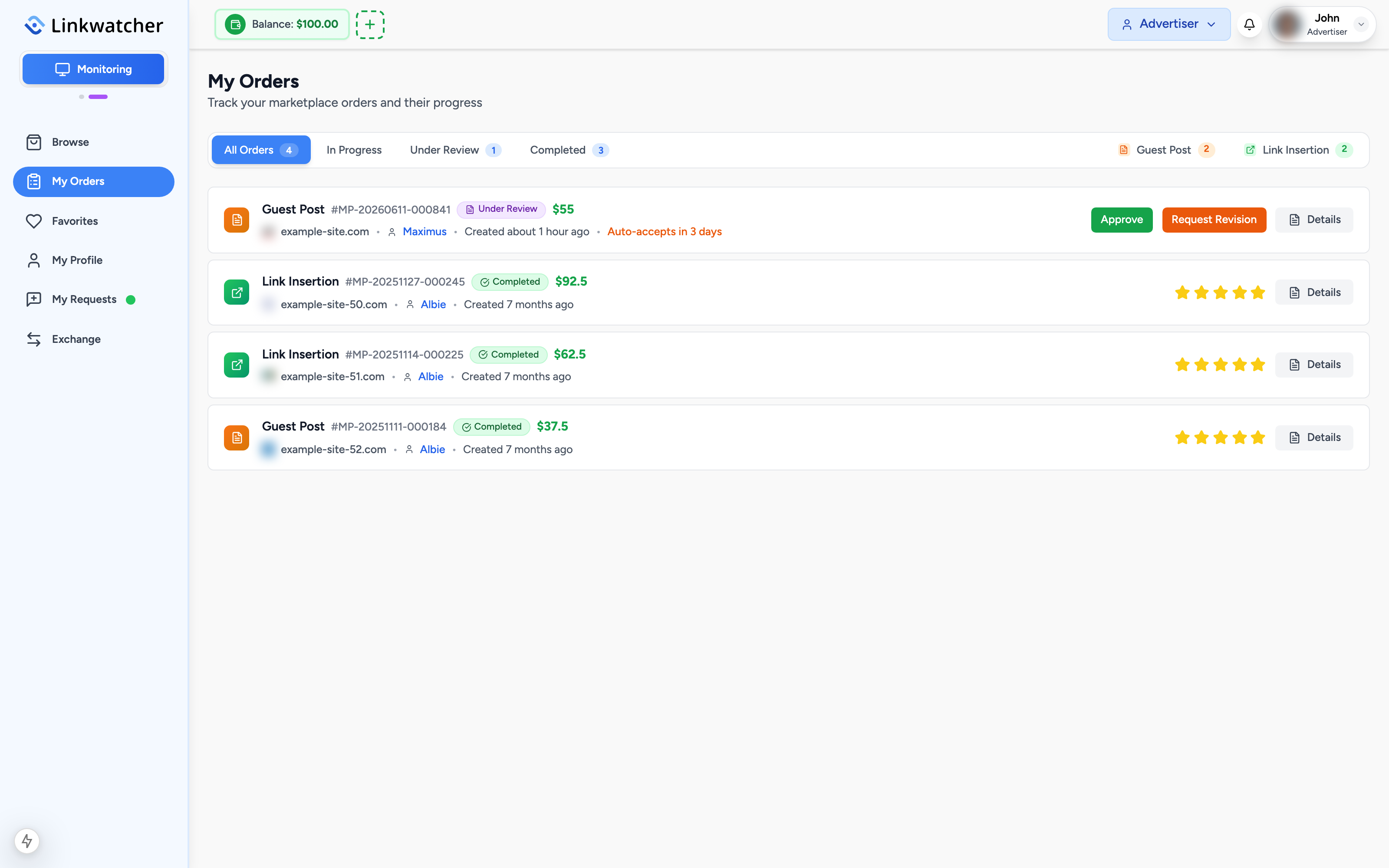 My Orders page showing a list of orders with different status badges
