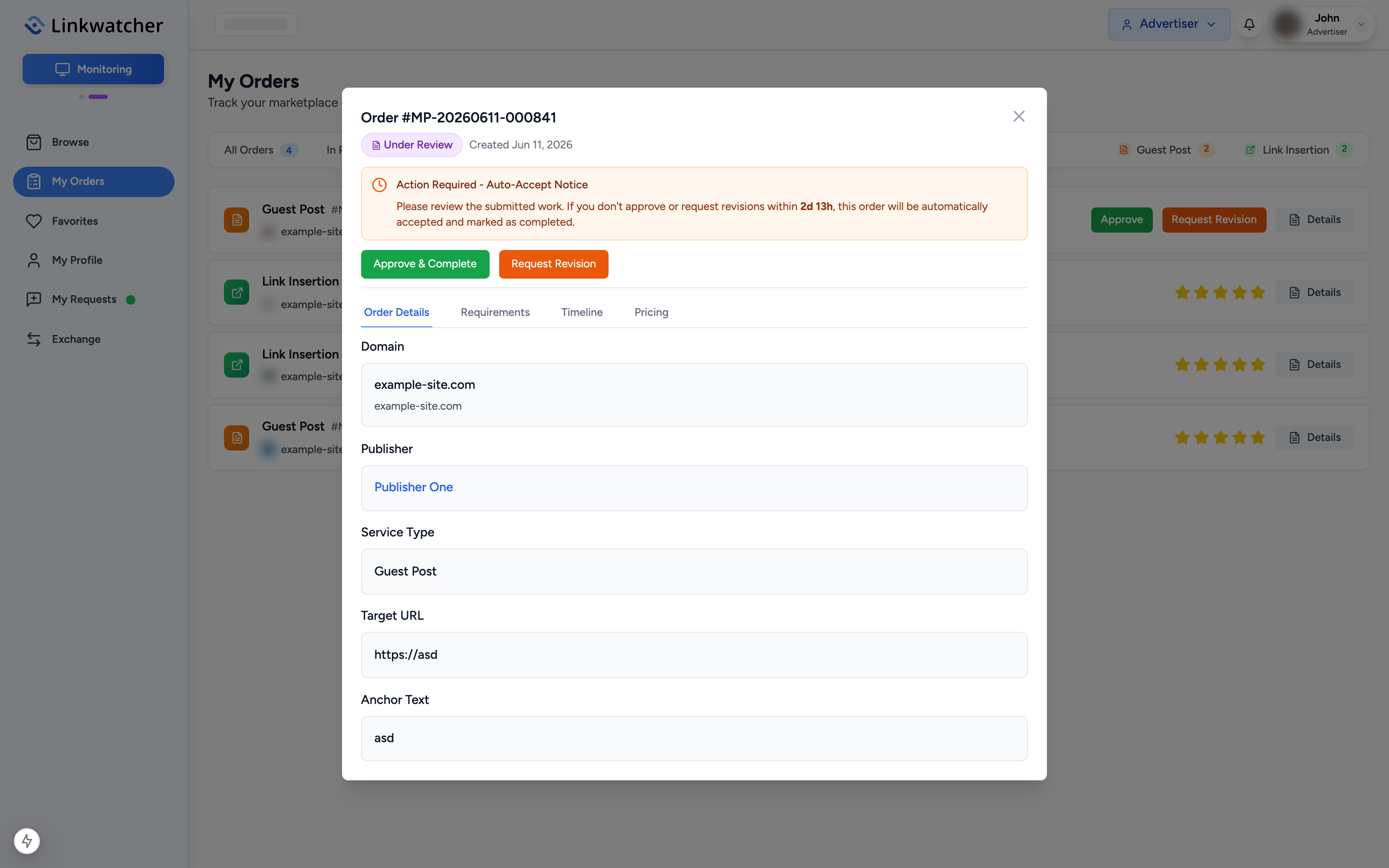 Order details view of a submitted order with the published URL and the accept and revision actions