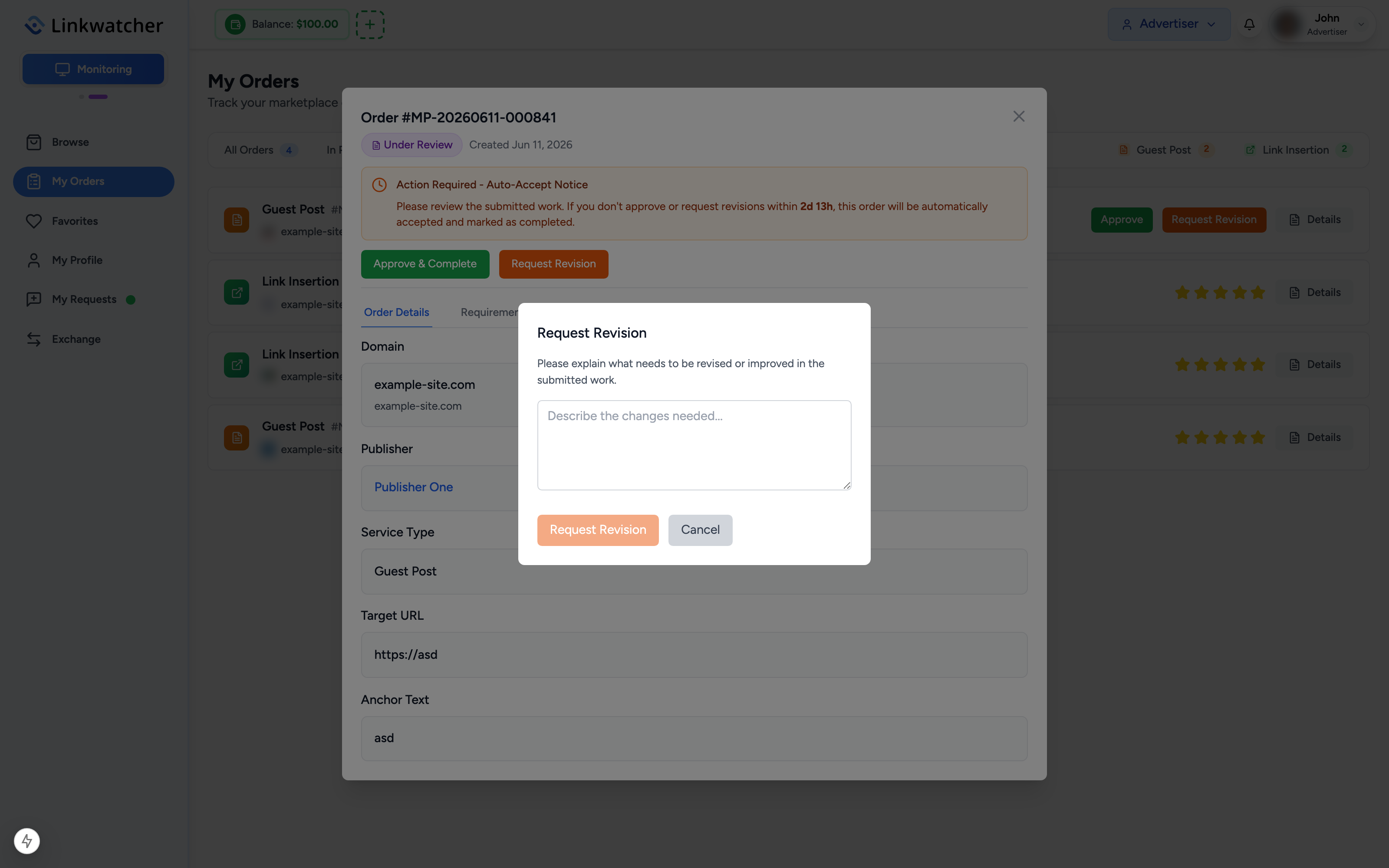 Revision request form with a reason being entered