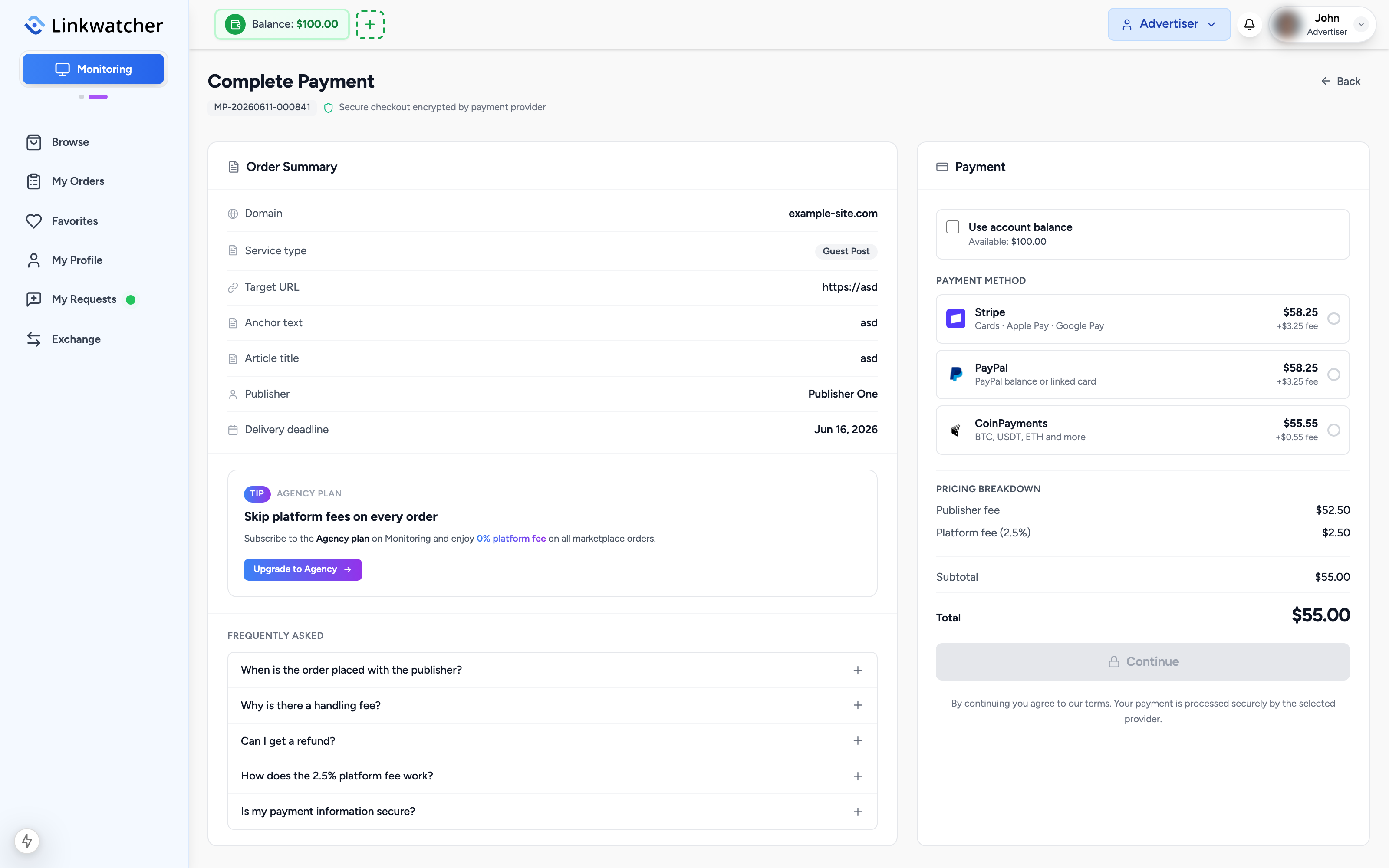 Payment page showing the available payment methods with their handling fees