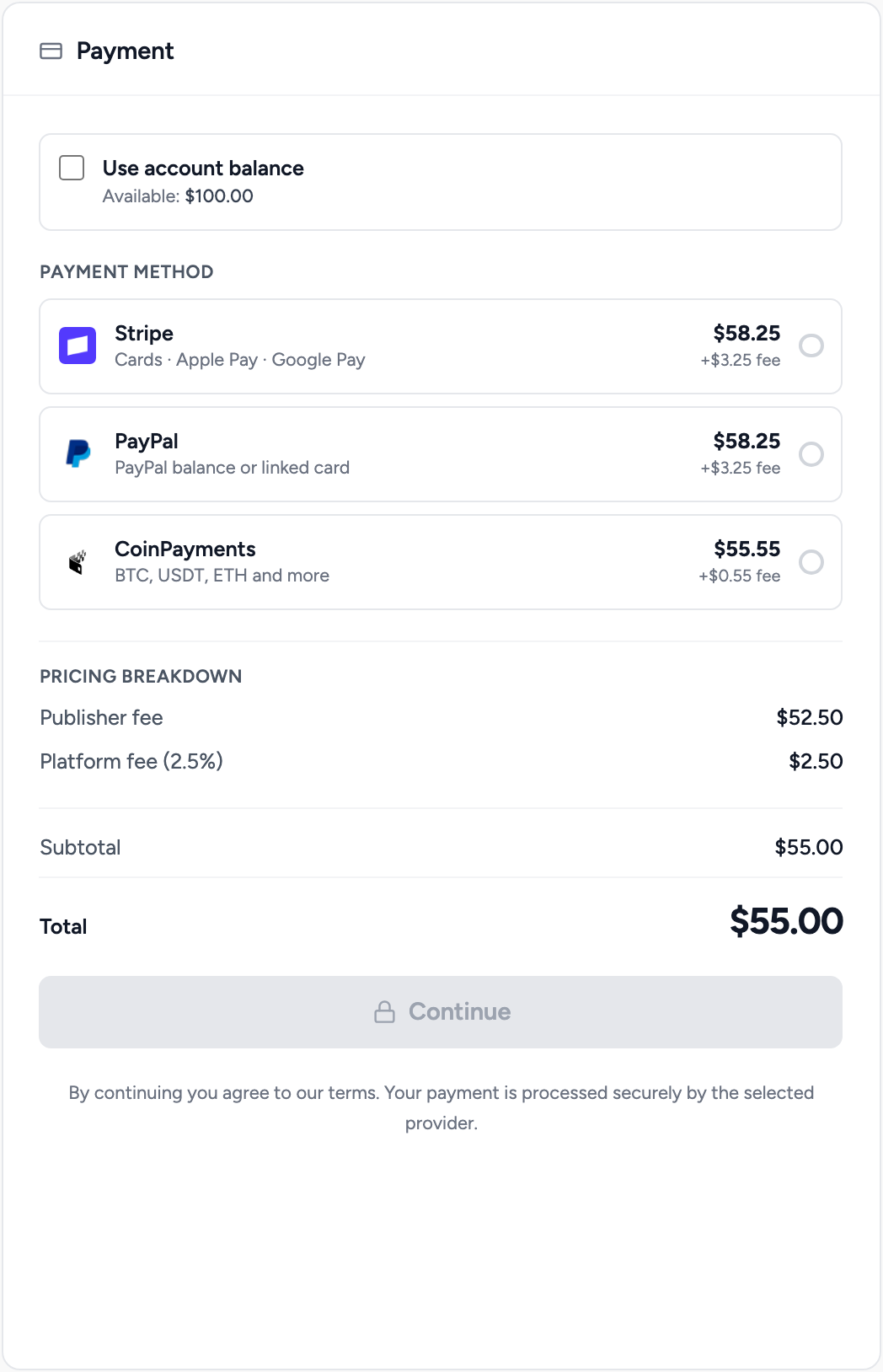 Payment page with the balance toggle enabled showing balance applied and a reduced remaining amount