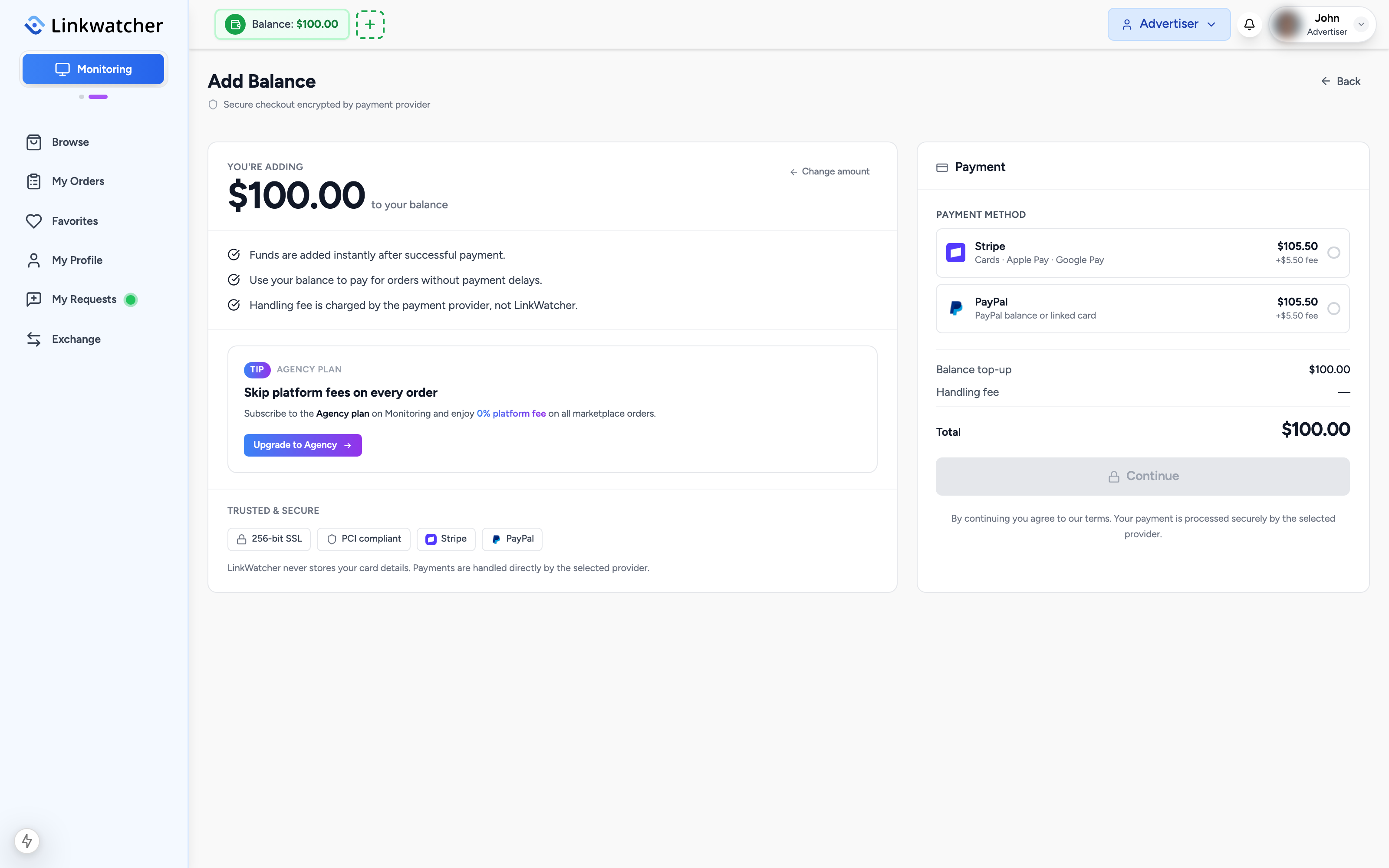 Balance top-up page with an amount entered and payment methods listed