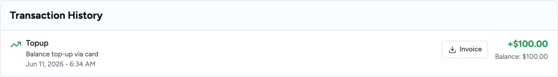 Balance transaction history with the Invoice download button visible on a row