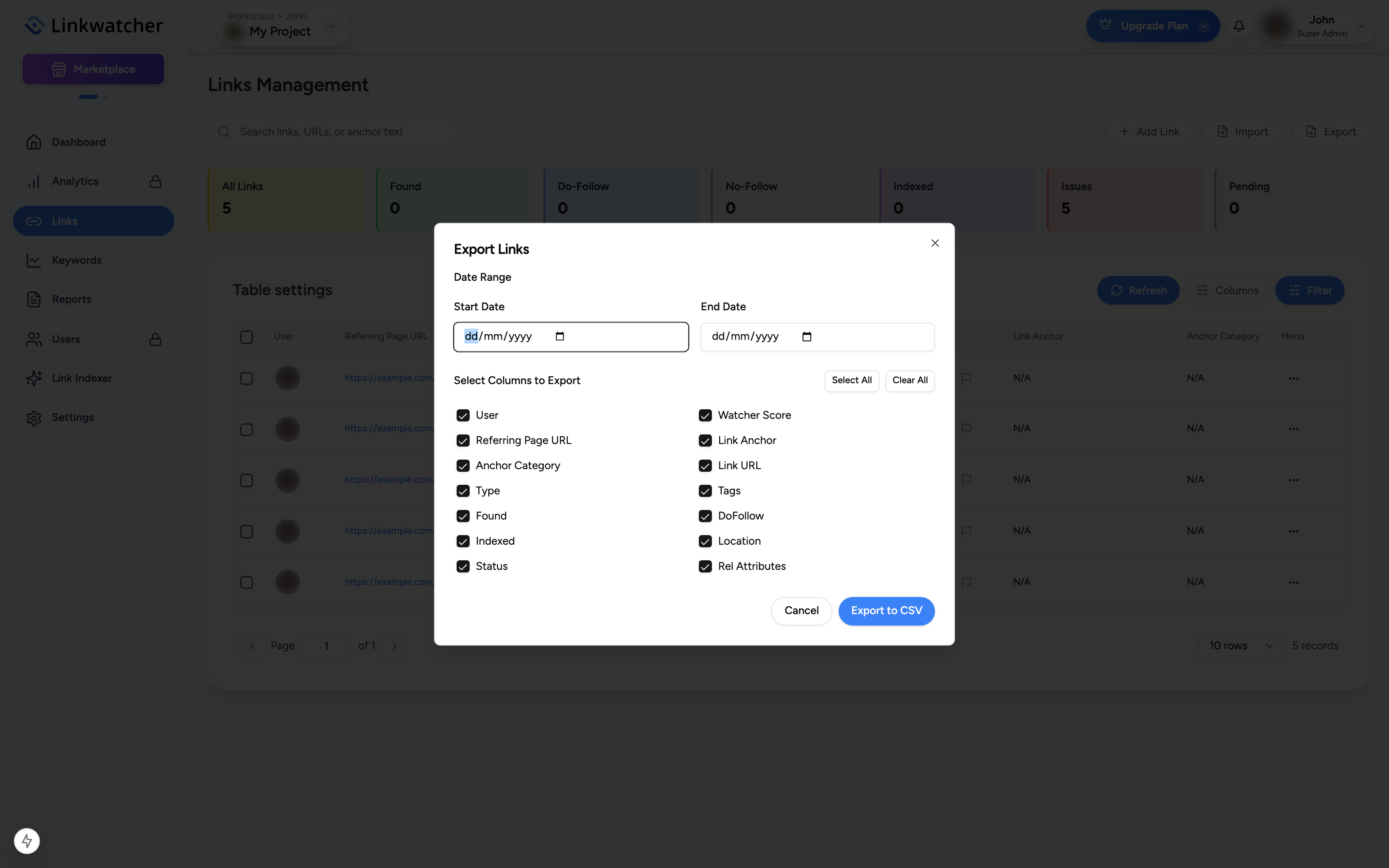 Export Links dialog with the date range fields and the column checkboxes