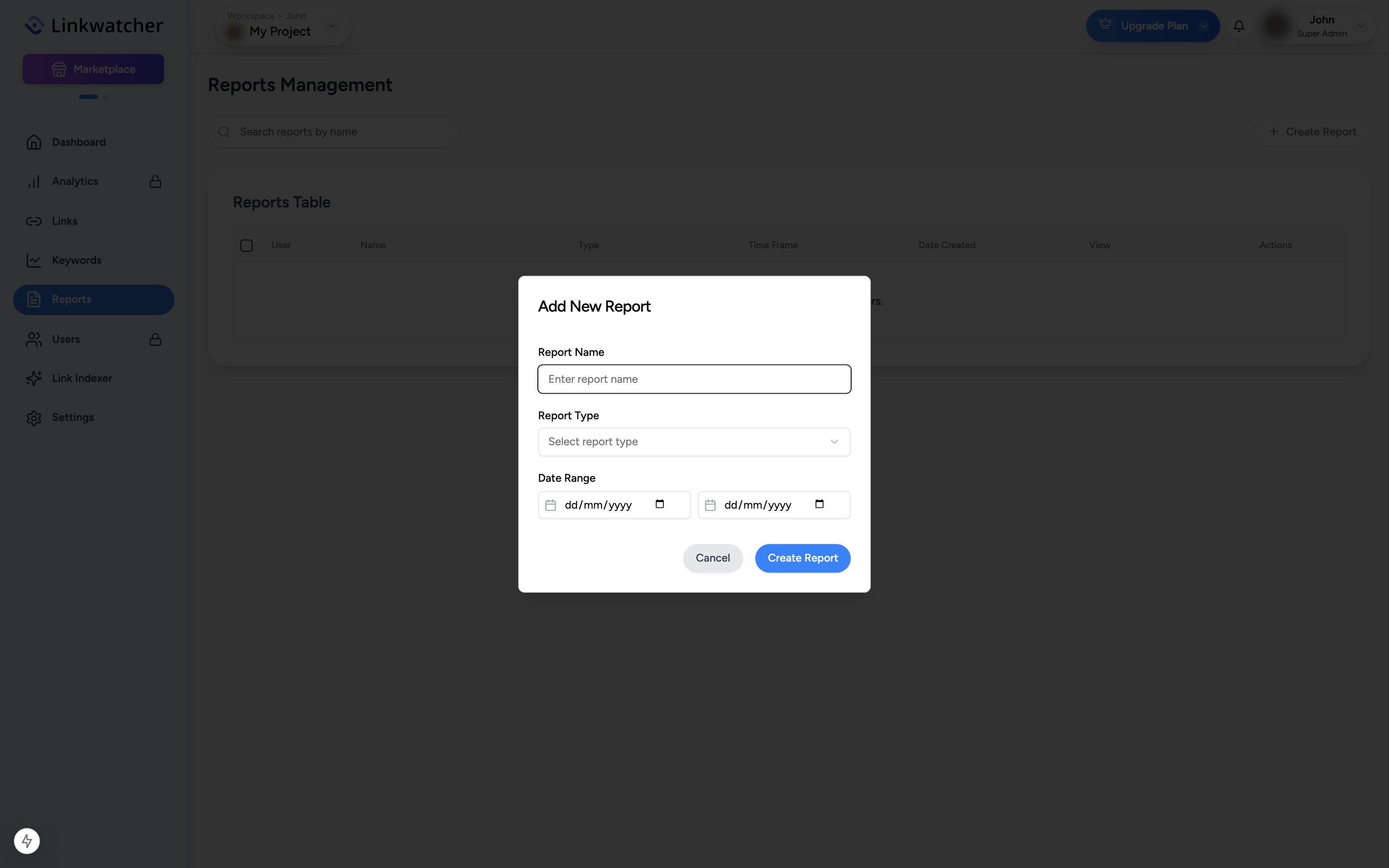 Add New Report dialog with the name, report type dropdown, and date range fields