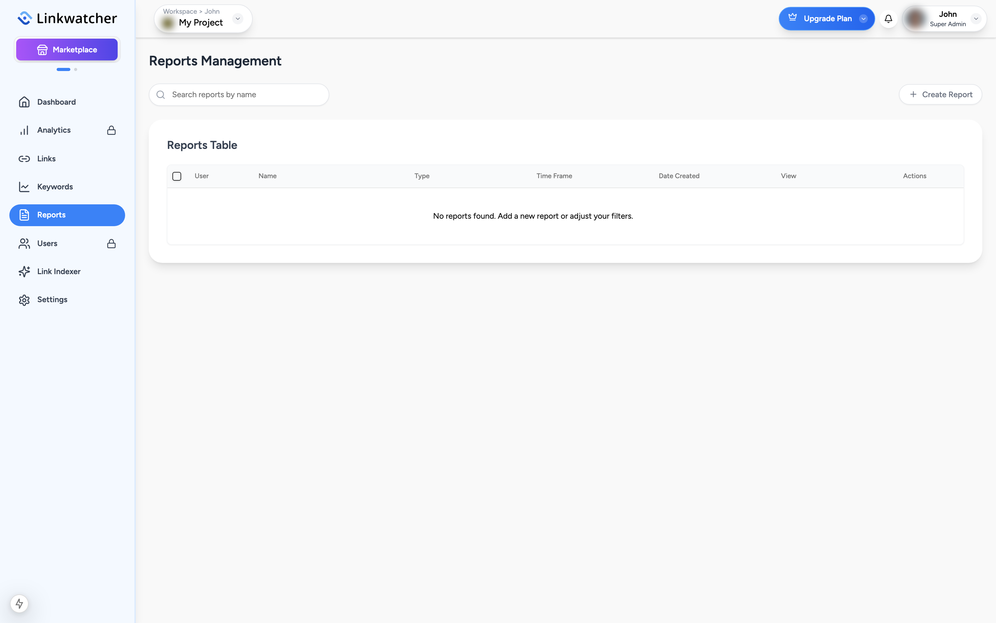 Reports table listing created reports with View and Copy buttons in each row