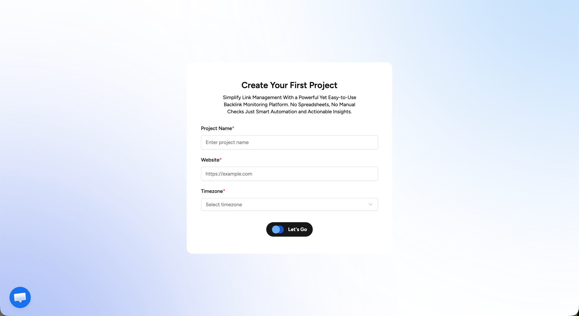 Create Your First Project form with project name, website, and timezone fields filled in