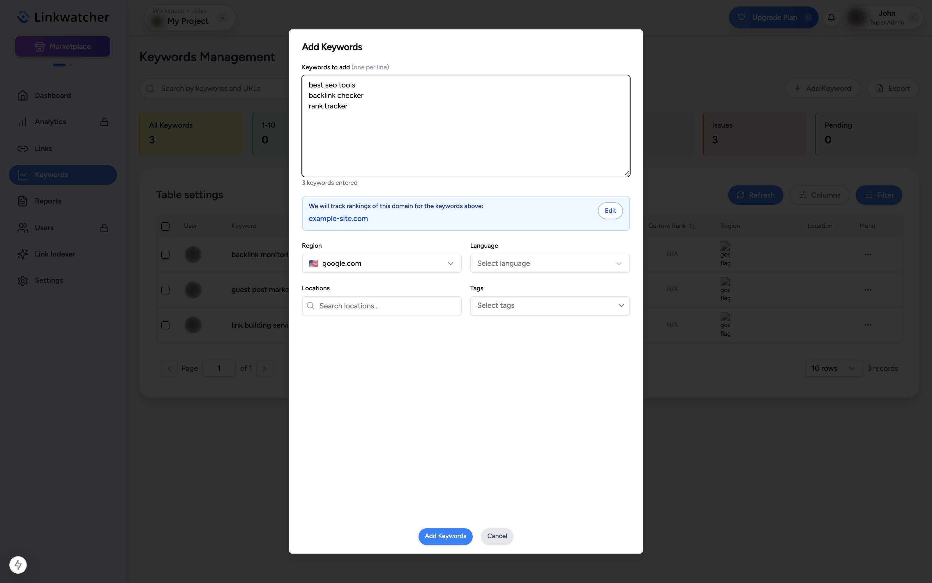 Add Keywords dialog with keywords entered one per line and the region and language dropdowns