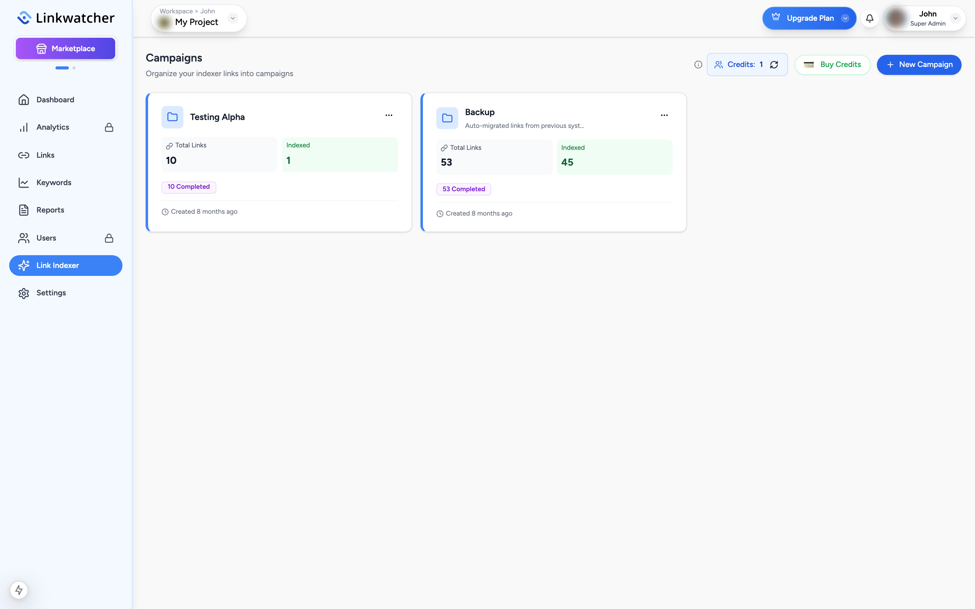 Link Indexer campaigns page showing the Credits balance, Buy Credits button, and New Campaign button