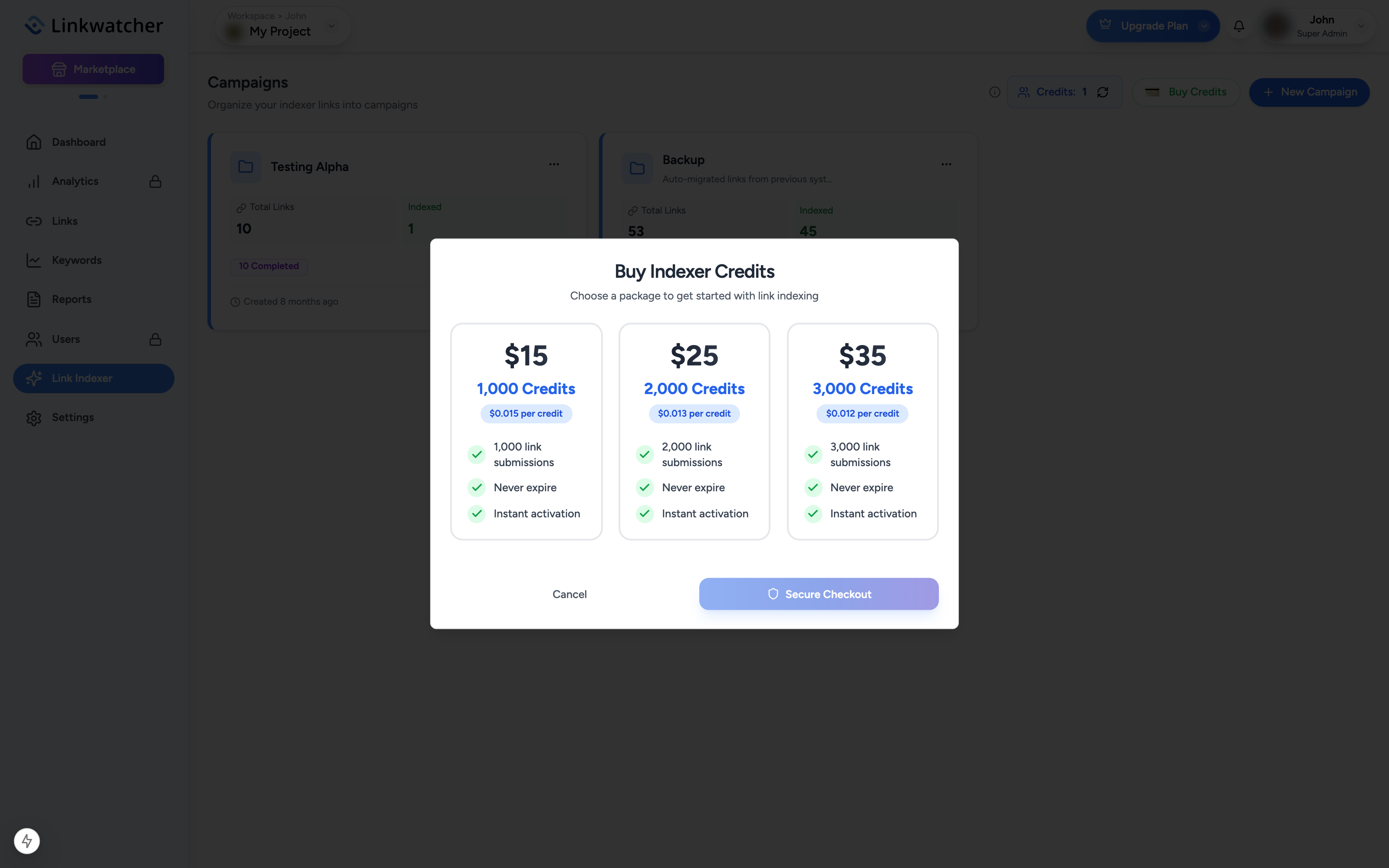 Buy Indexer Credits dialog showing the available credit packages with prices