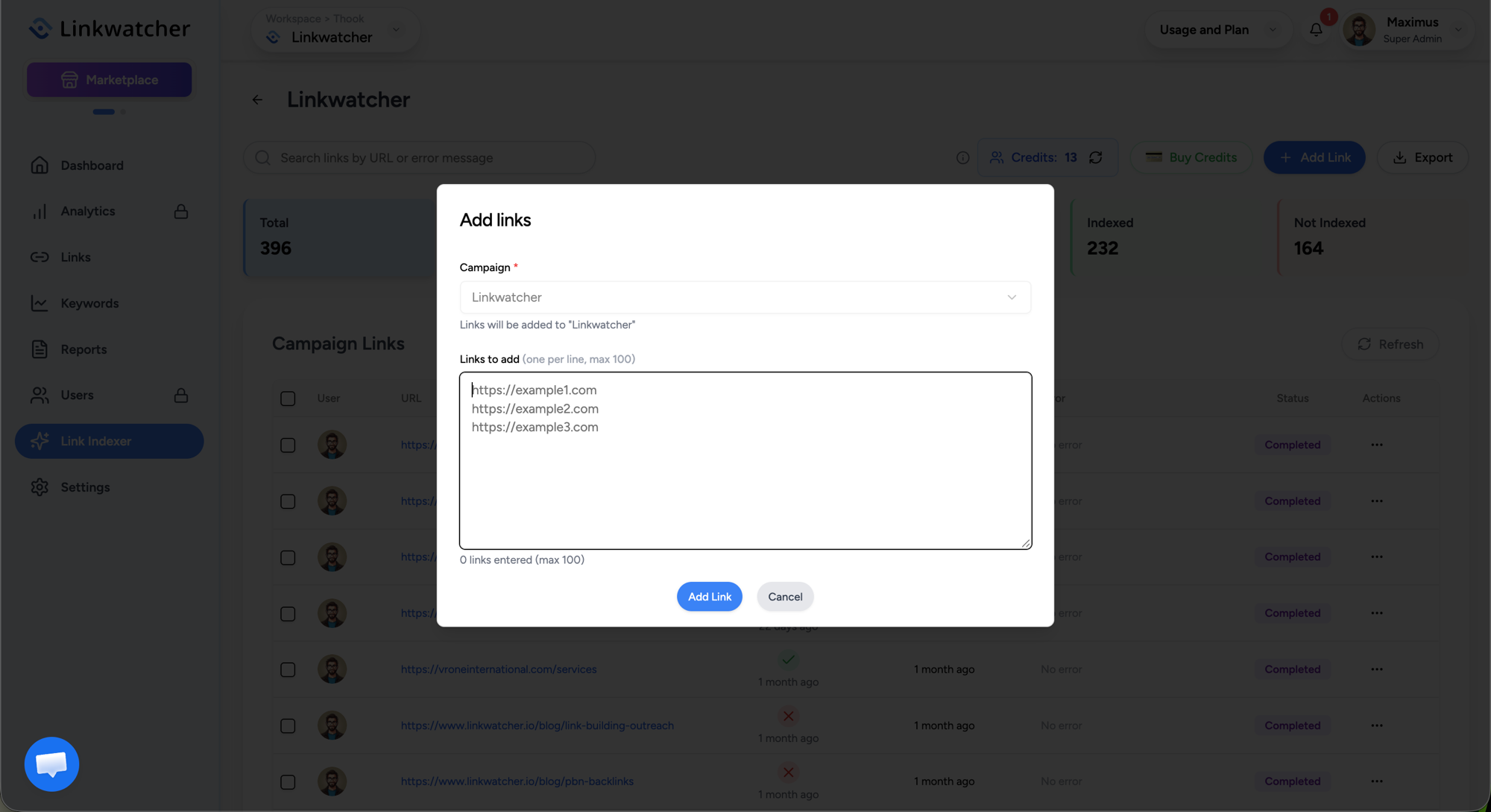 Add links dialog in the indexer with several URLs entered one per line