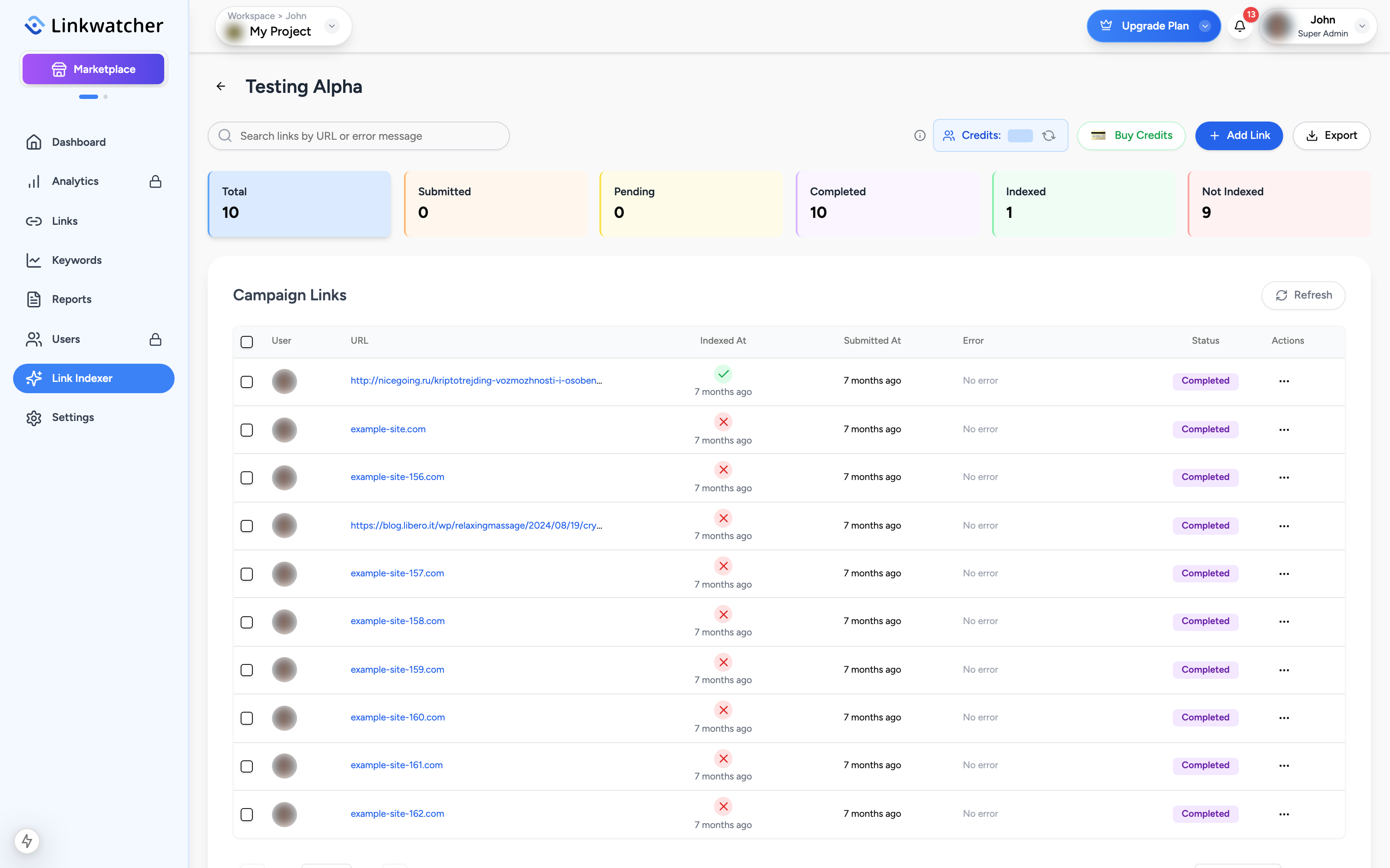 Campaign details view with the status filter cards and the links table showing indexed and pending links