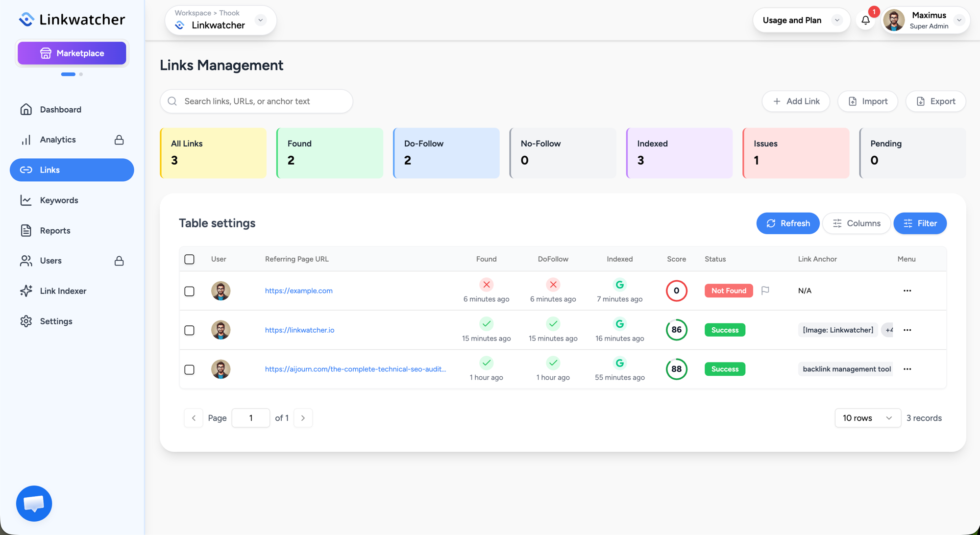 Links page with the seven colored status cards above the table, with the Issues card selected