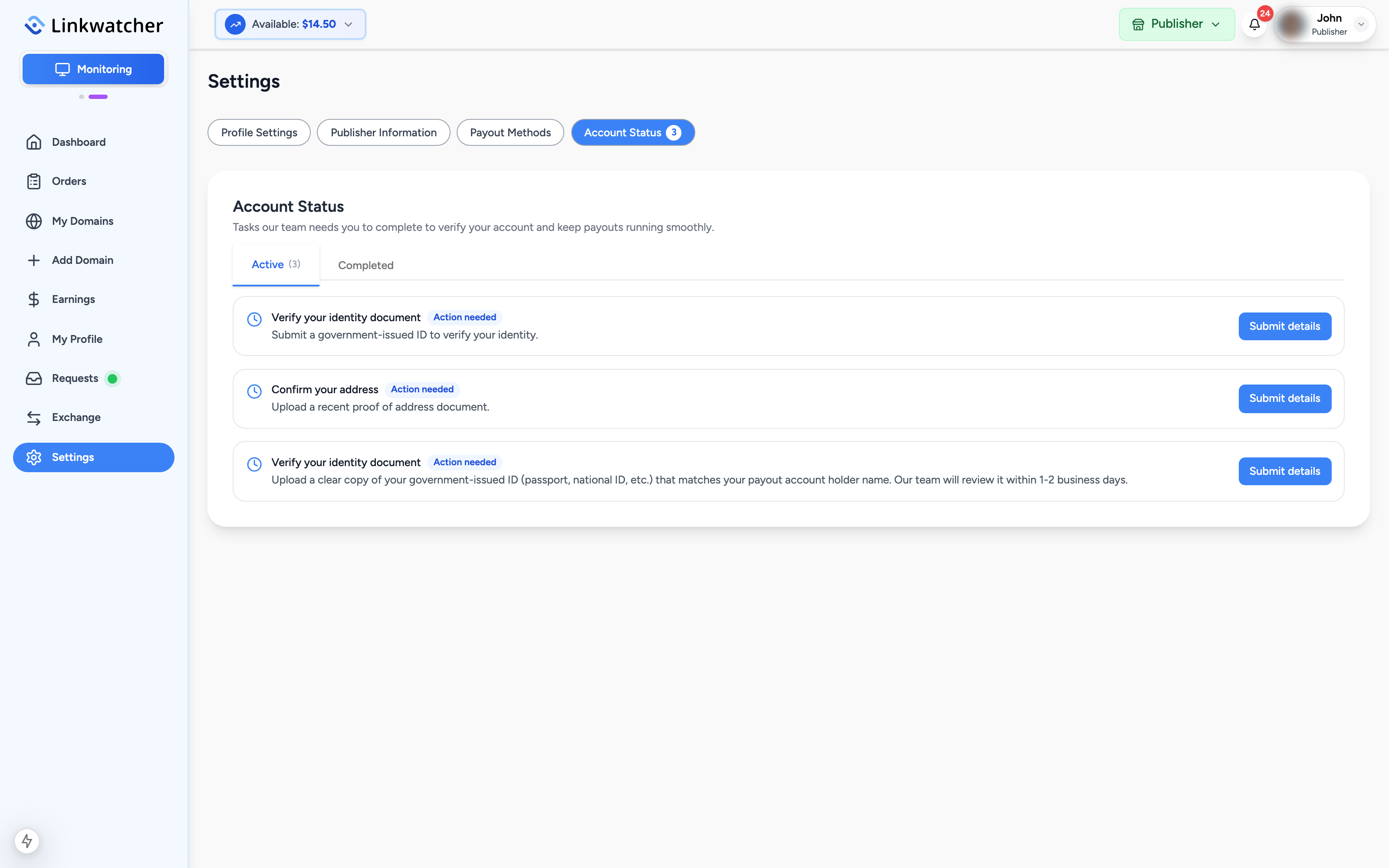 Settings page with the Account Status tab selected and an active verification task listed