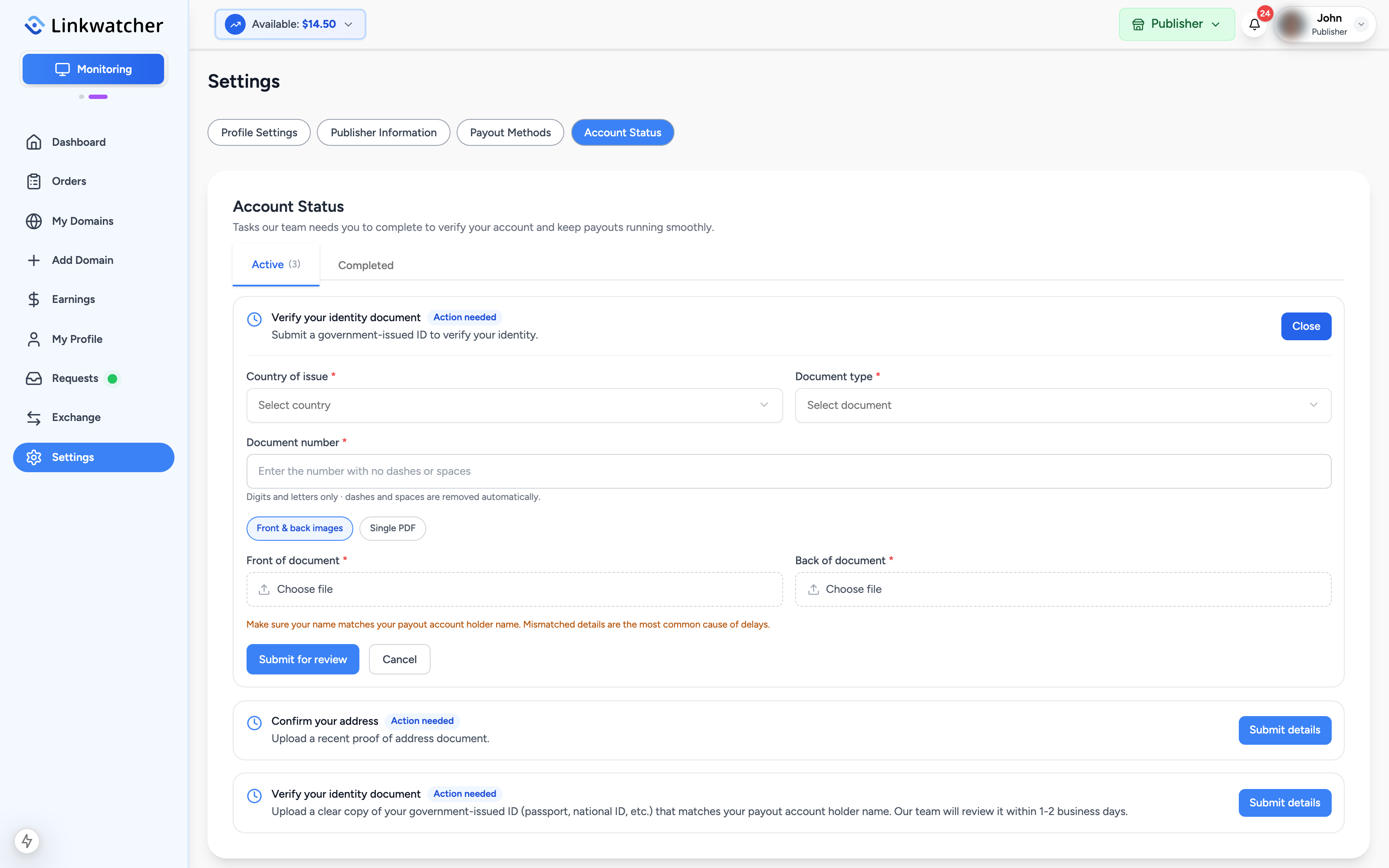 Identity verification form with country of issue, document type, document number, and the front and back upload fields