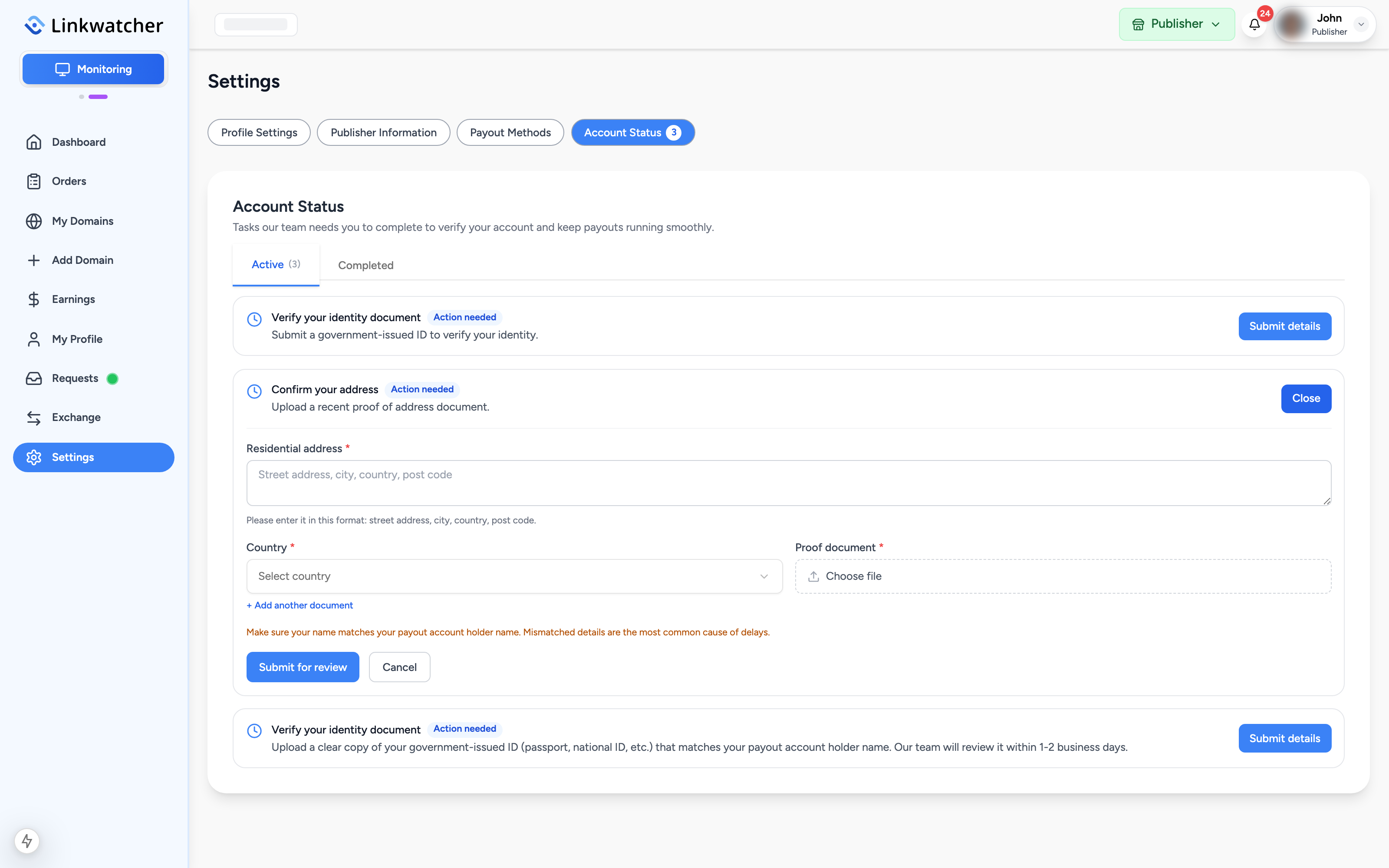 Proof of address form with the address field and document upload