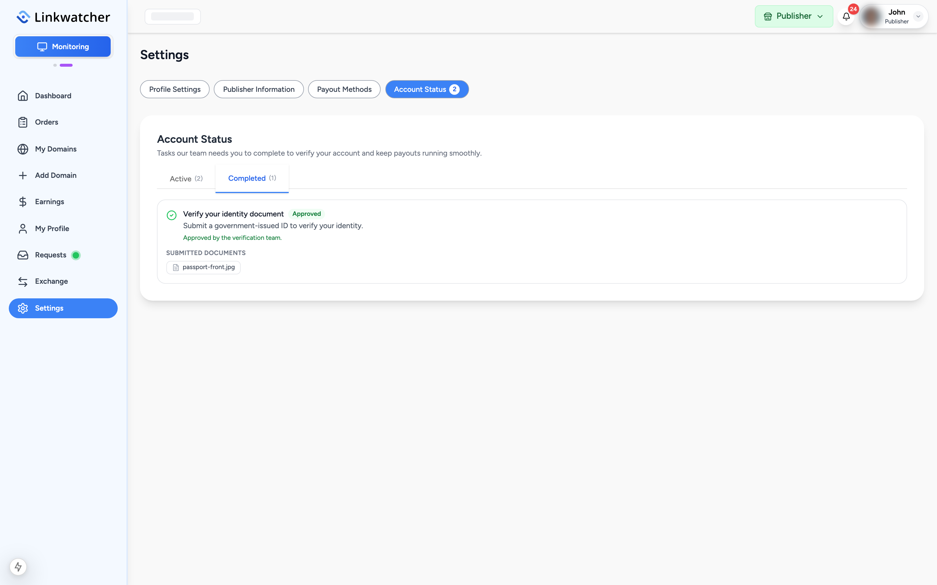Completed tab showing an approved verification task with a green Approved badge