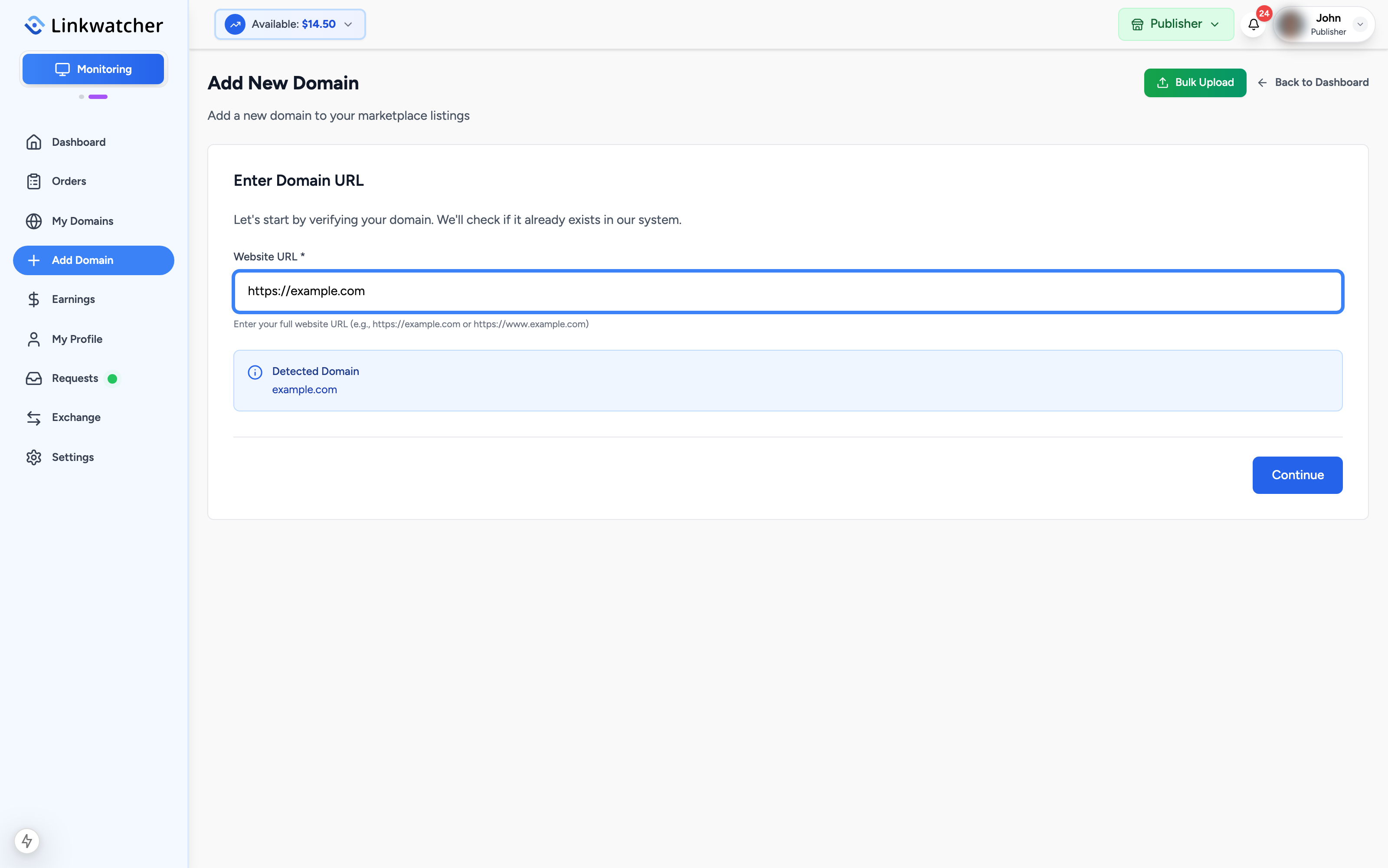 Add Domain page with the website URL field filled in with example.com