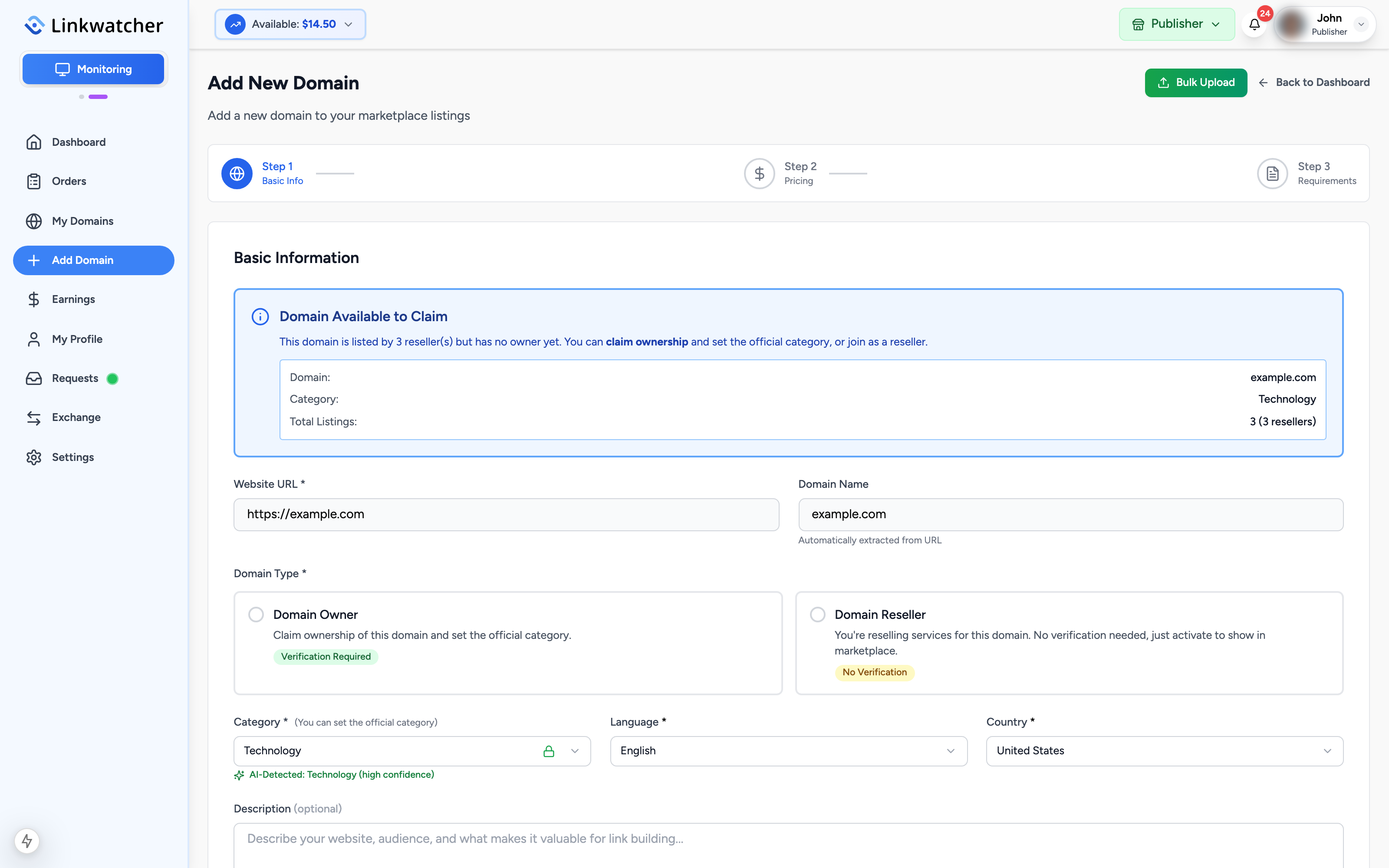 Basic Info step showing category, description, language, country, and the owner or reseller choice