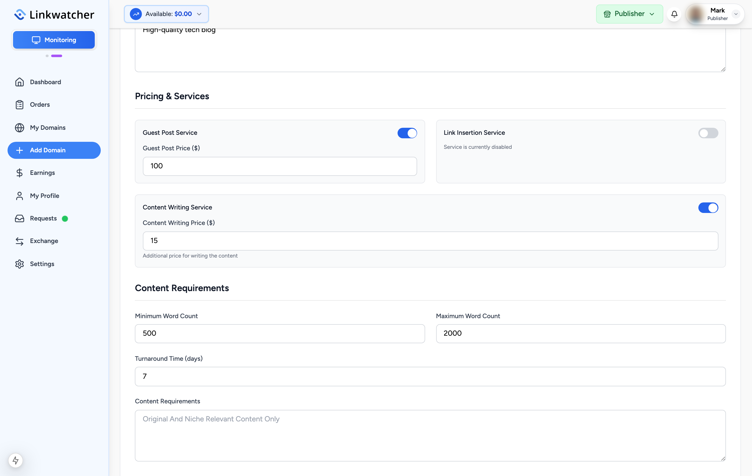 Pricing step with the guest post and link insertion toggles and price fields