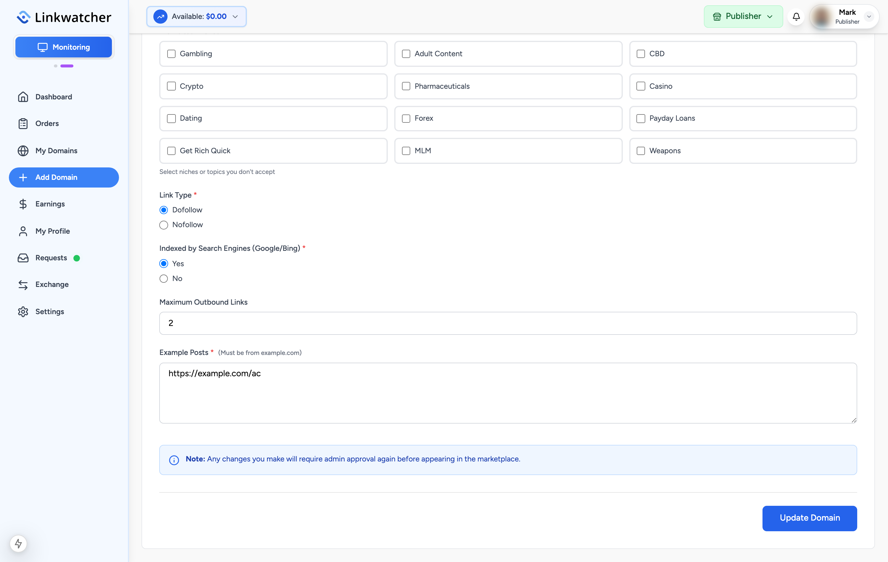 Requirements step with word counts, turnaround time, link settings, and the example posts field