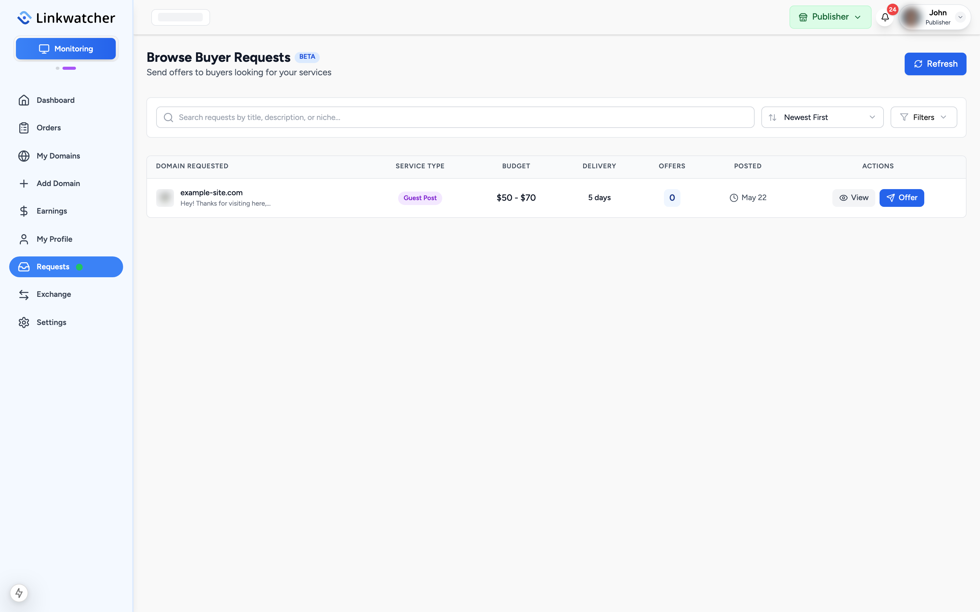 Browse Buyer Requests page with the table of active requests