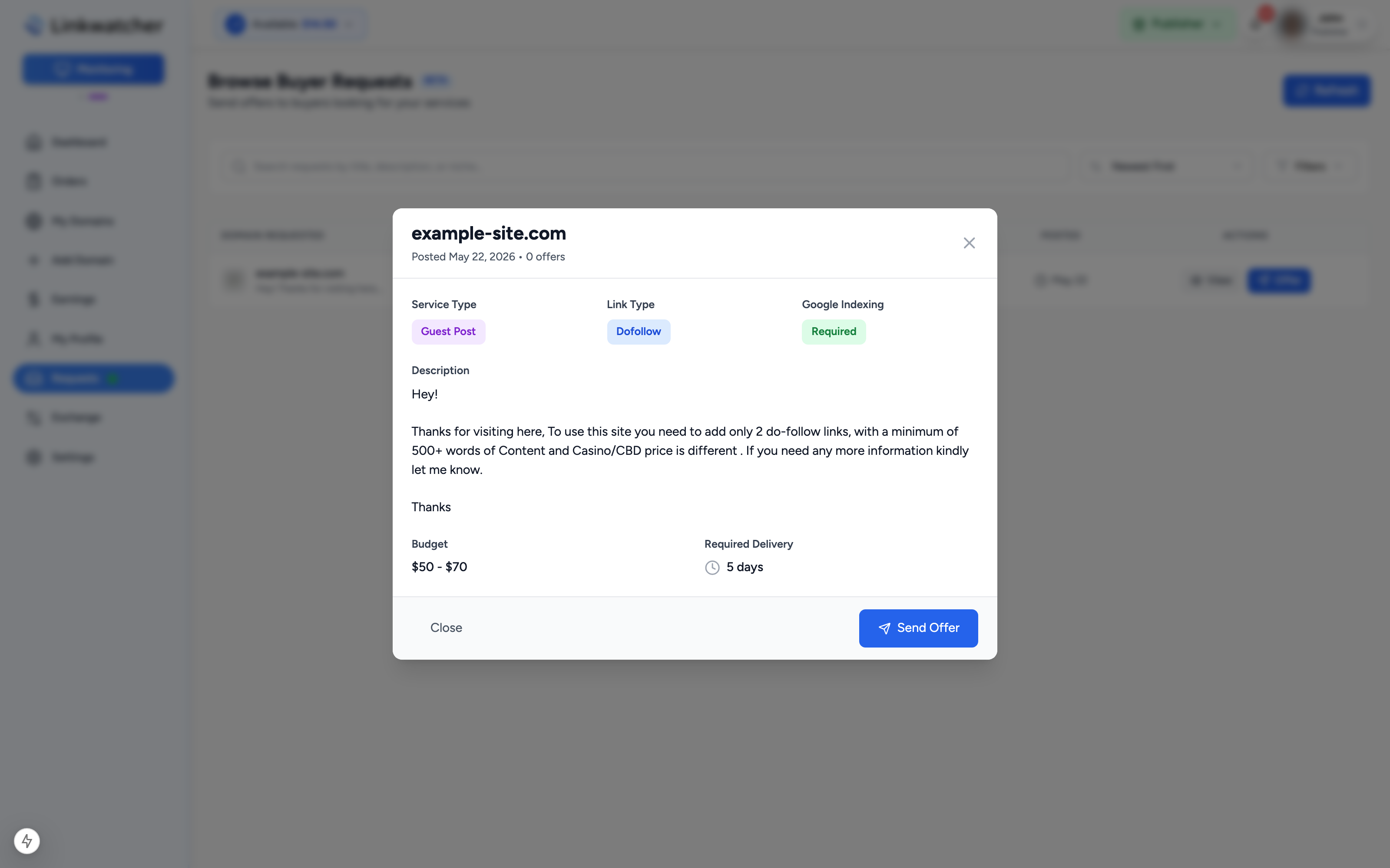 Request details dialog showing the full description, budget, and delivery expectations