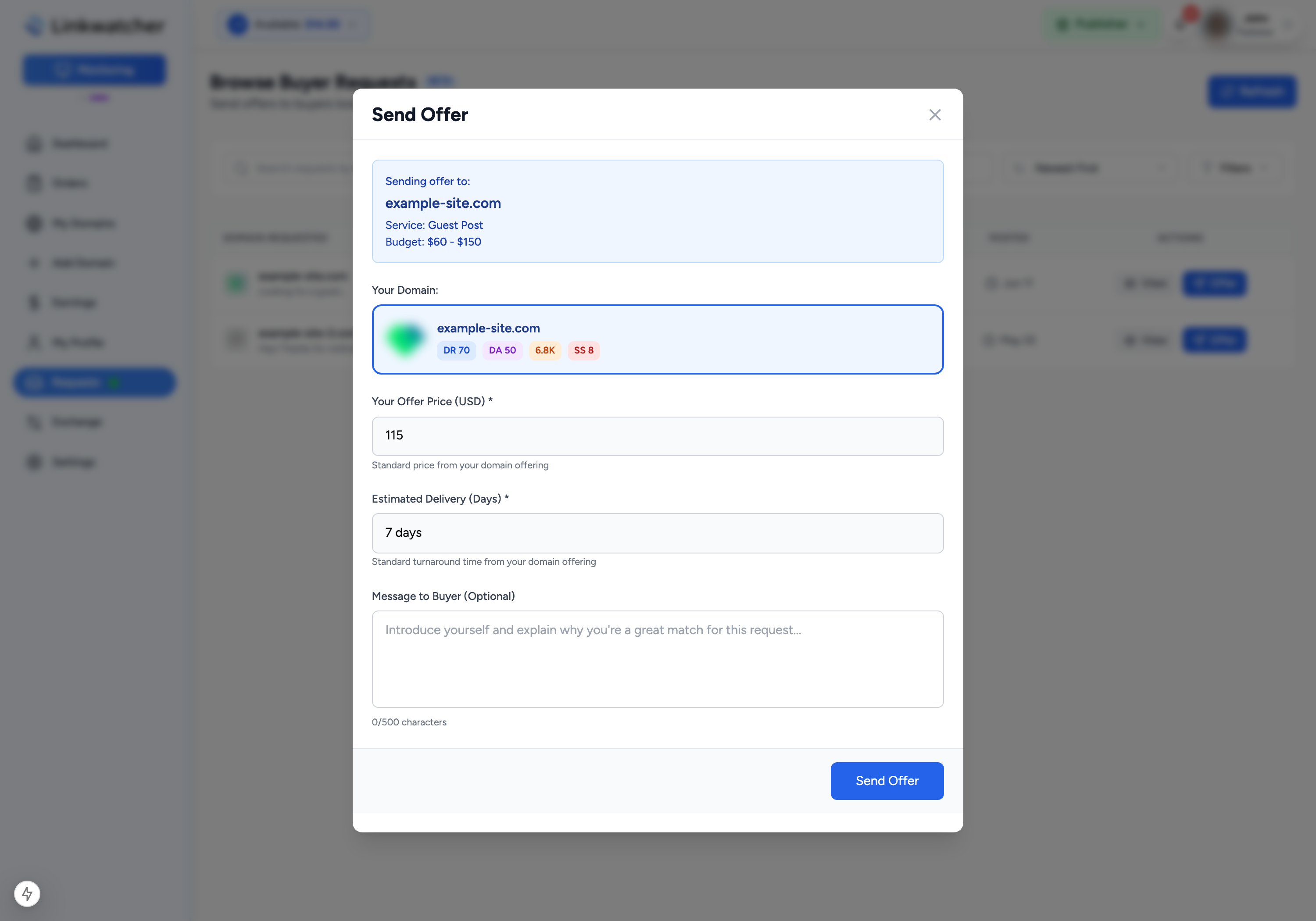 Send offer dialog with the prefilled price, estimated delivery days, and message field