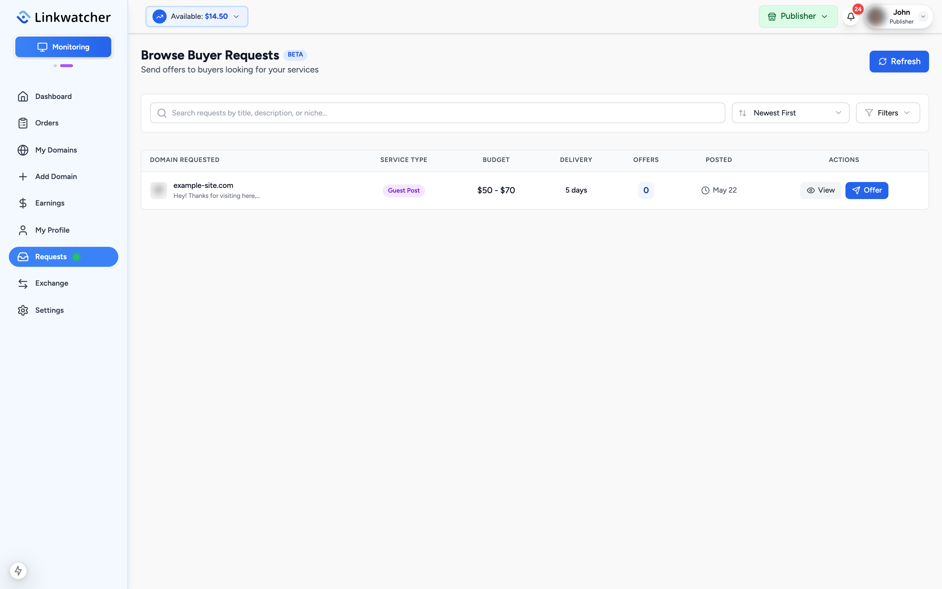 A request row showing the Offer Pending status badge in the actions column