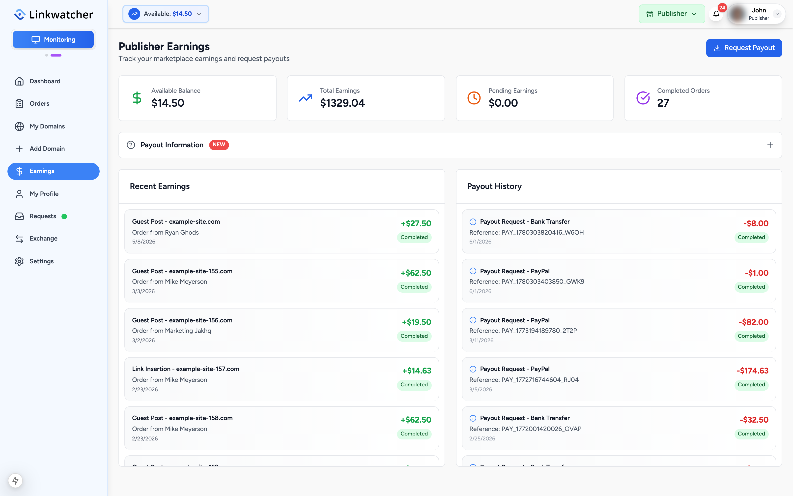 Publisher Earnings page with the four summary cards, recent earnings, and payout history