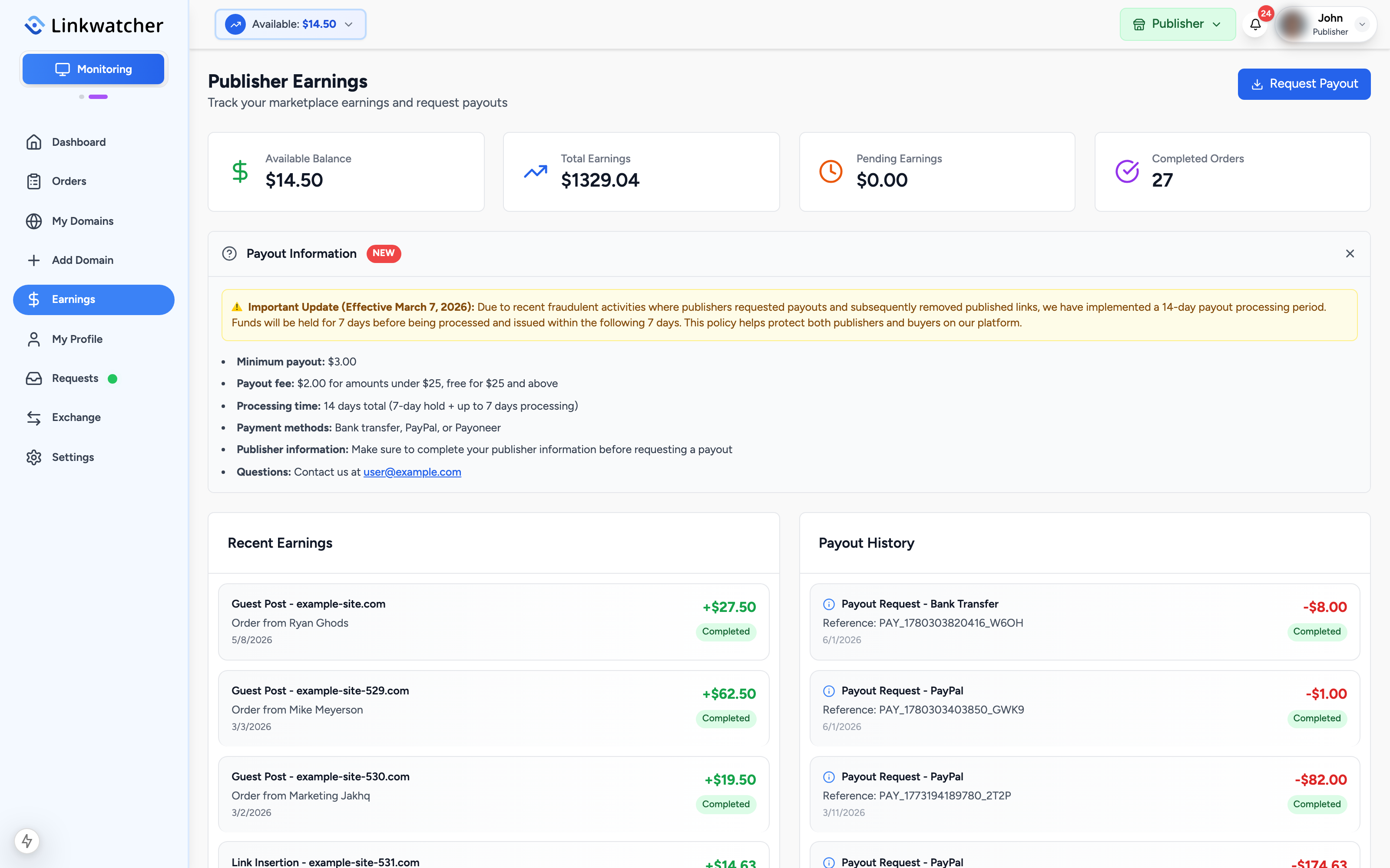 Payout Information panel expanded on the earnings page showing minimums, fees, and processing time