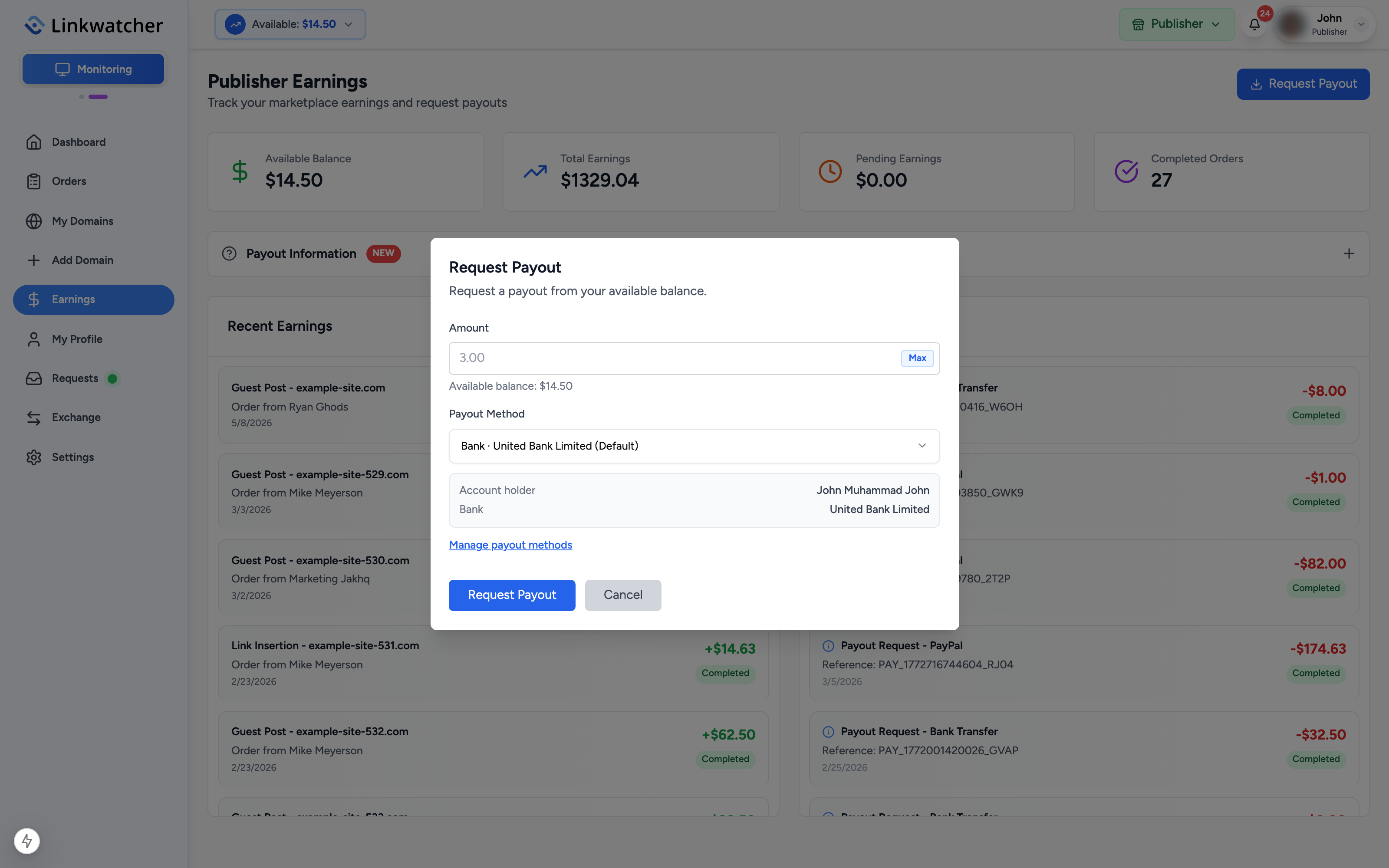 Request Payout dialog with the amount field, Max button, and payout method selector